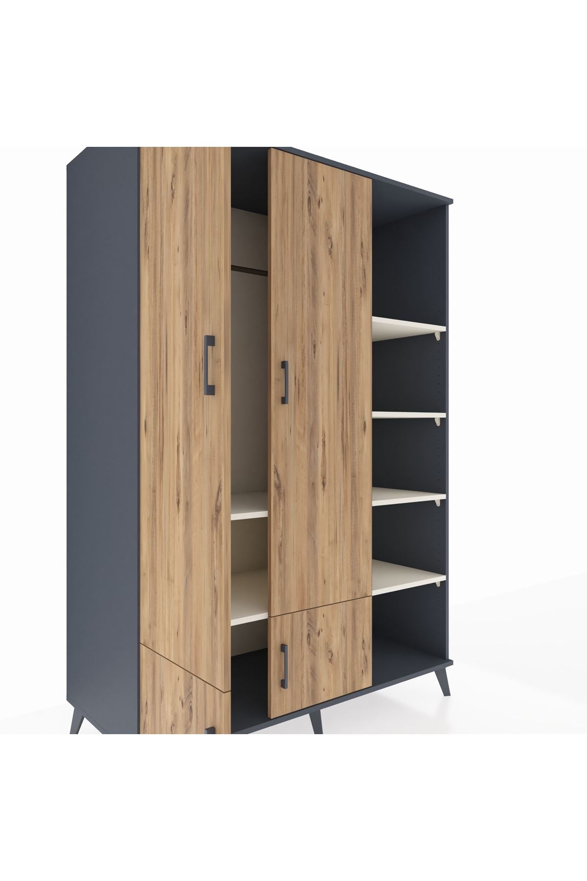 Kronos Dolap 6 Raflı 4 Kapaklı Tek Askılı 132x59x195 Antrasit-Çam/Aytaşı
