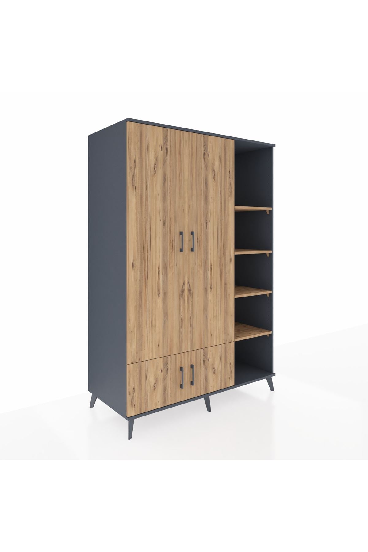 Kronos Dolap 6 Raflı 4 Kapaklı Tek Askılı 132x59x195 Antrasit-Çam/Çam