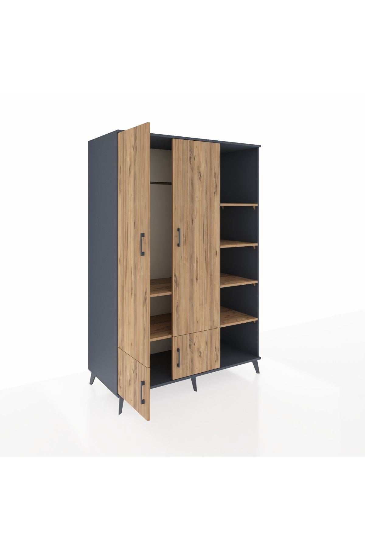 Kronos Dolap 6 Raflı 4 Kapaklı Tek Askılı 132x59x195 Antrasit-Çam/Çam