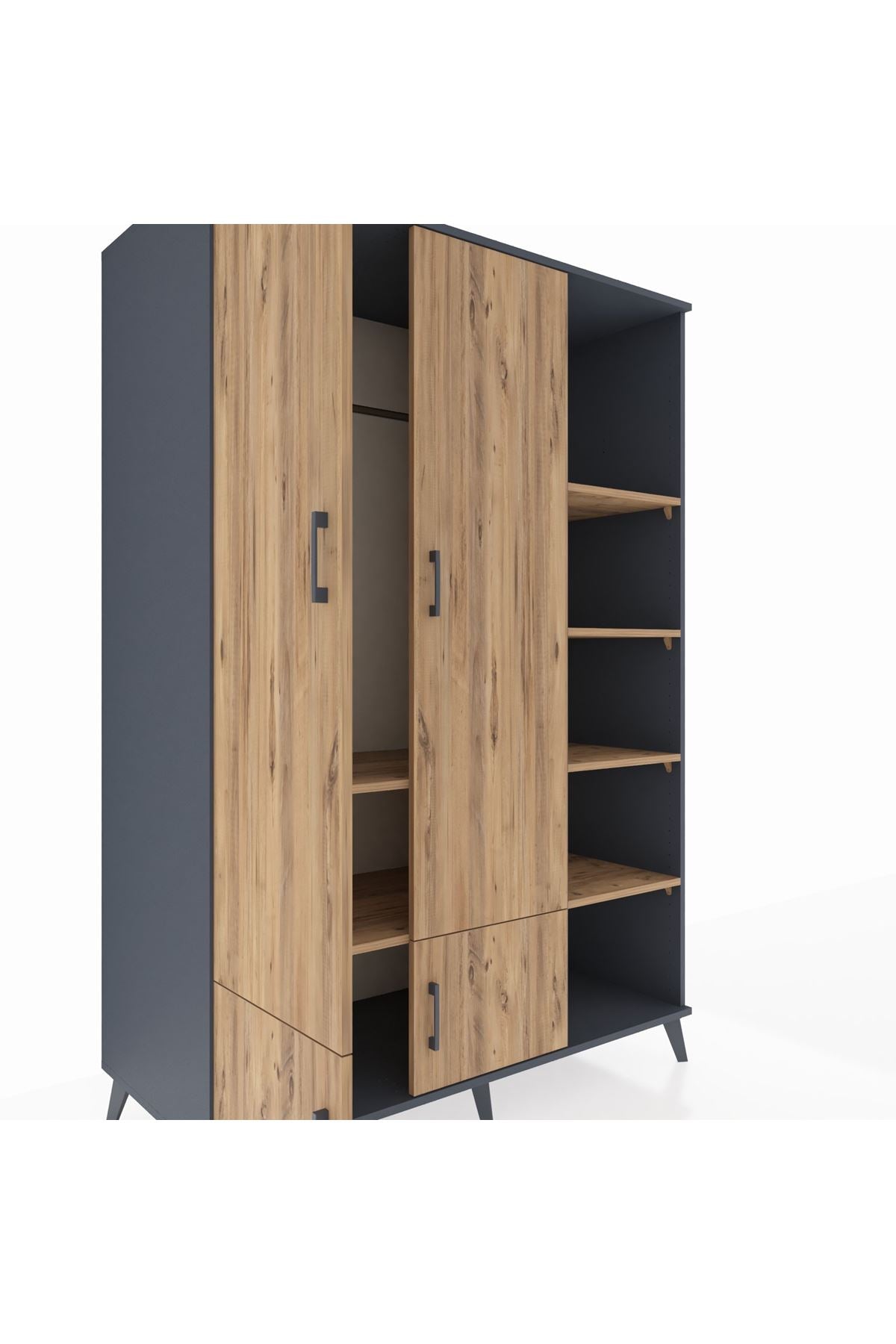 Kronos Dolap 6 Raflı 4 Kapaklı Tek Askılı 132x59x195 Antrasit-Çam/Çam