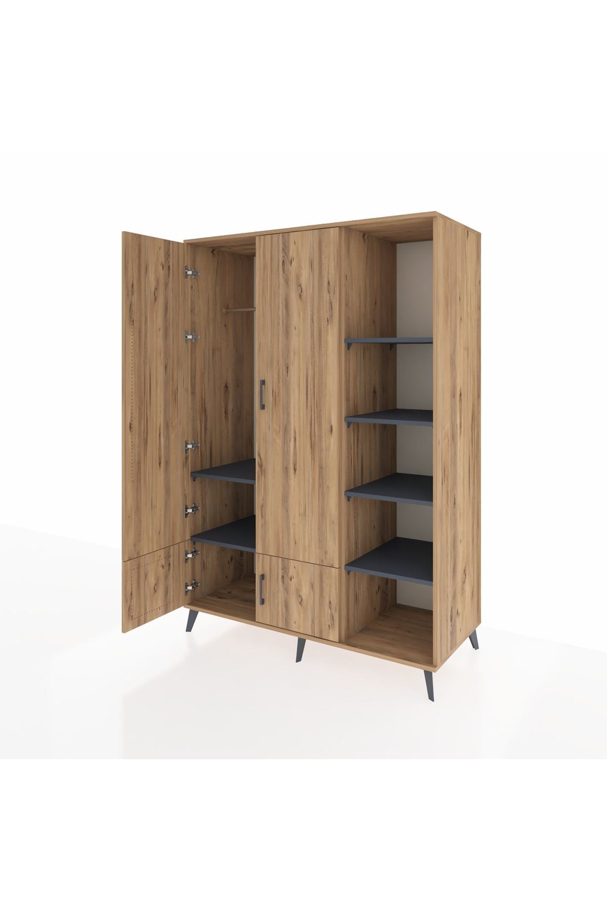 Kronos Dolap 6 Raflı 4 Kapaklı Tek Askılı 132x59x195 Çam-Çam/Antrasit