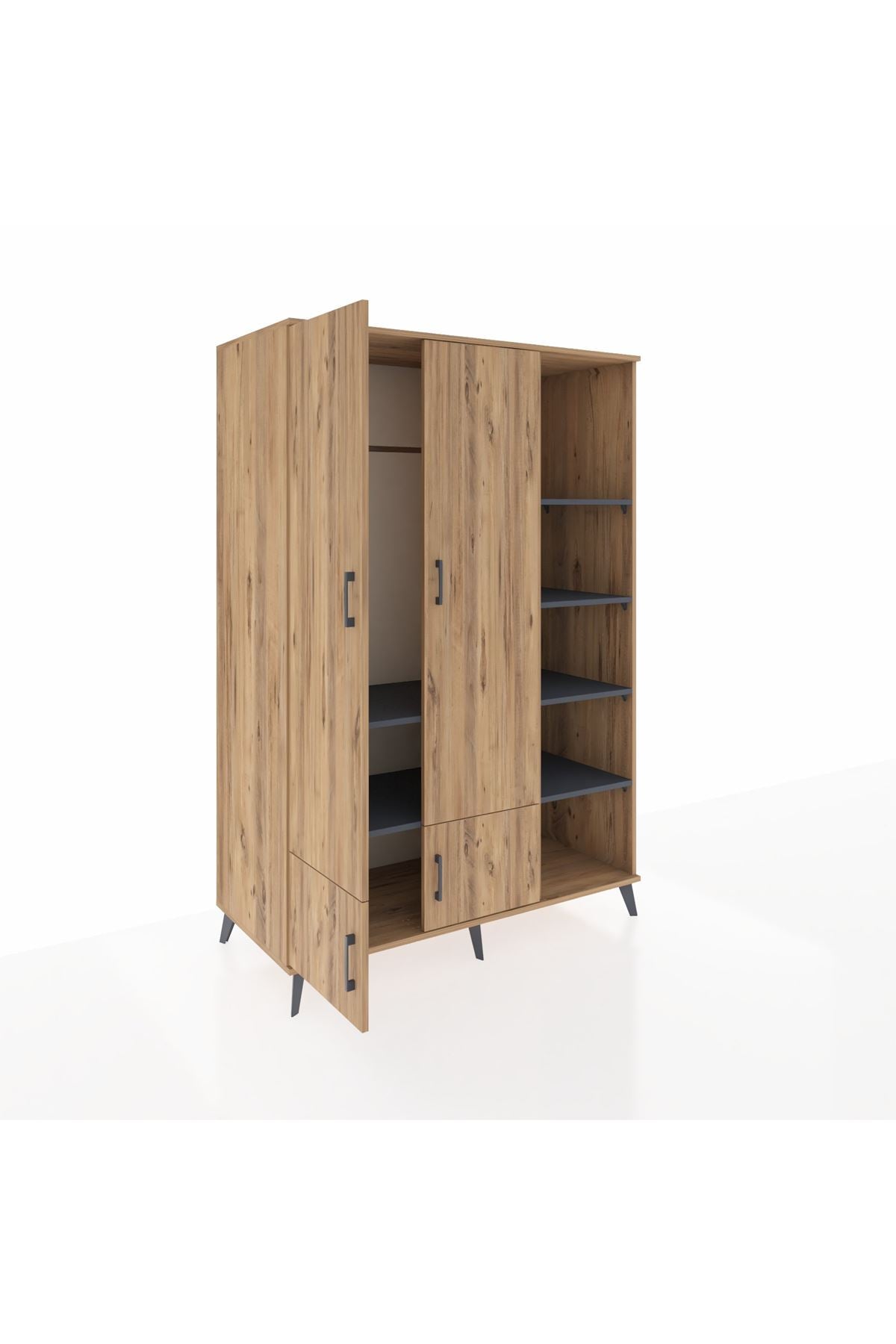 Kronos Dolap 6 Raflı 4 Kapaklı Tek Askılı 132x59x195 Çam-Çam/Antrasit