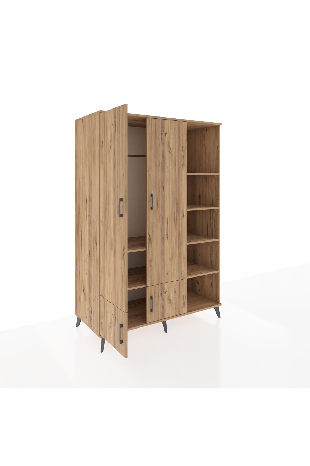 Kronos Dolap 6 Raflı 4 Kapaklı Tek Askılı 132x59x195 Çam-Çam/Çam