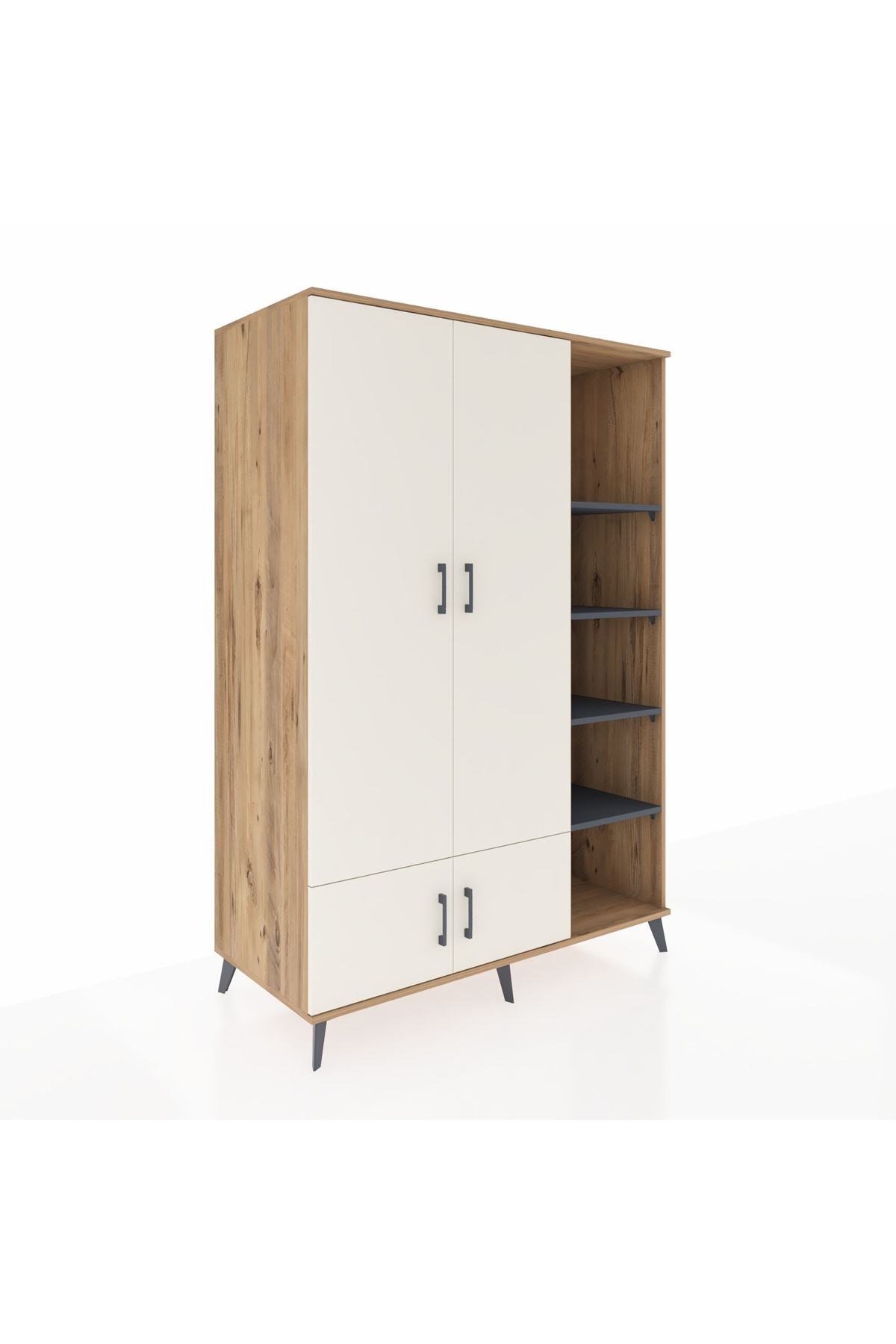 Kronos Dolap 6 Raflı 4 Kapaklı Tek Askılı 132x59x195 Çam-Aytaşı/Antrasit