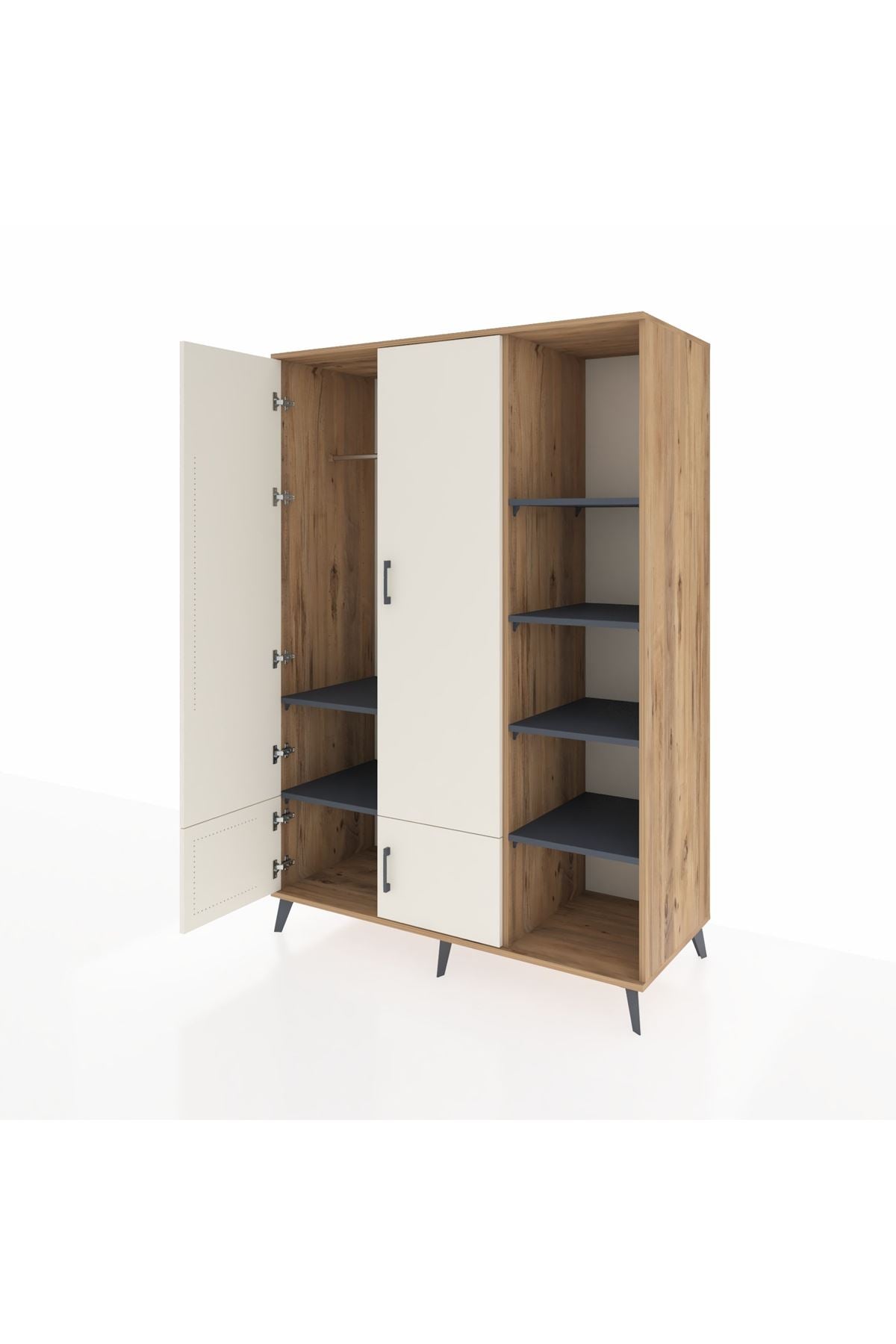 Kronos Dolap 6 Raflı 4 Kapaklı Tek Askılı 132x59x195 Çam-Aytaşı/Antrasit