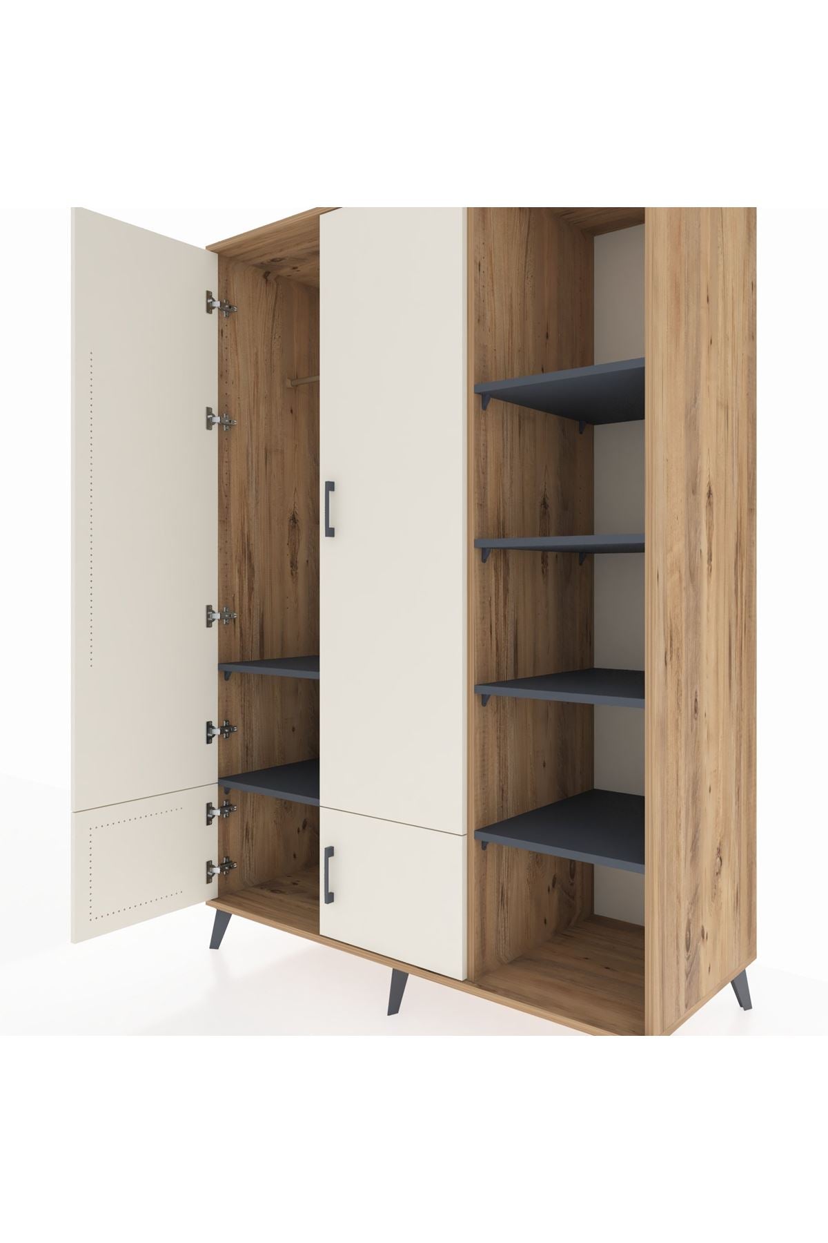 Kronos Dolap 6 Raflı 4 Kapaklı Tek Askılı 132x59x195 Çam-Aytaşı/Antrasit