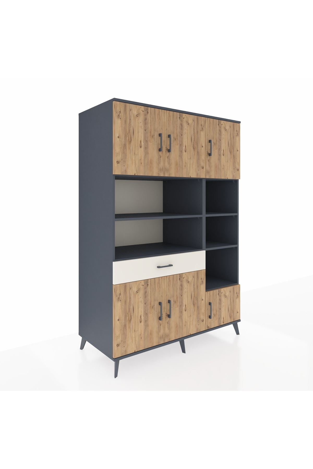 Kronos Dolap 10 Raflı Tek Çekmeceli 6 Kapaklı 132x59x195 Antrasit-Çam/Aytaşı