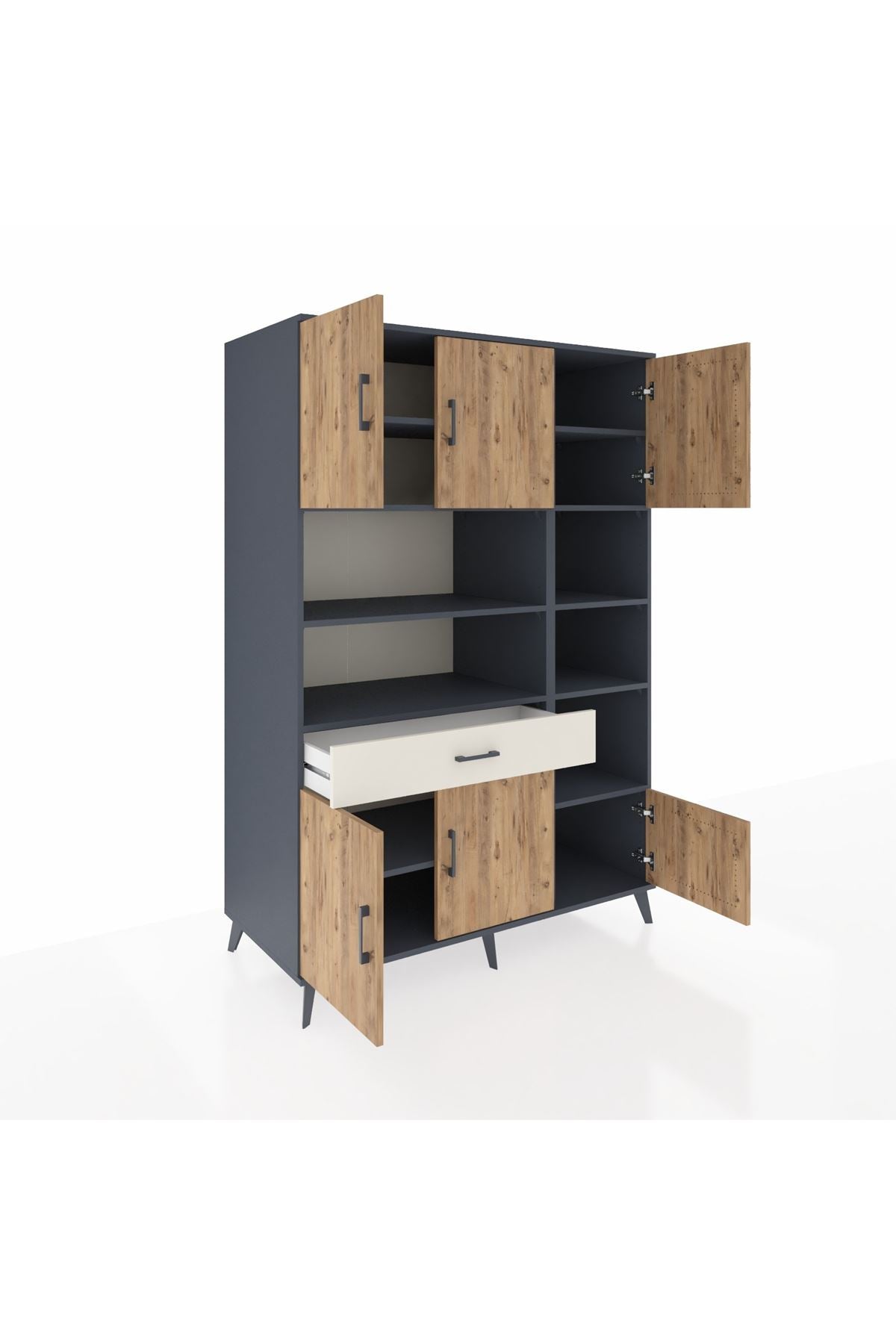 Kronos Dolap 10 Raflı Tek Çekmeceli 6 Kapaklı 132x59x195 Antrasit-Çam/Aytaşı