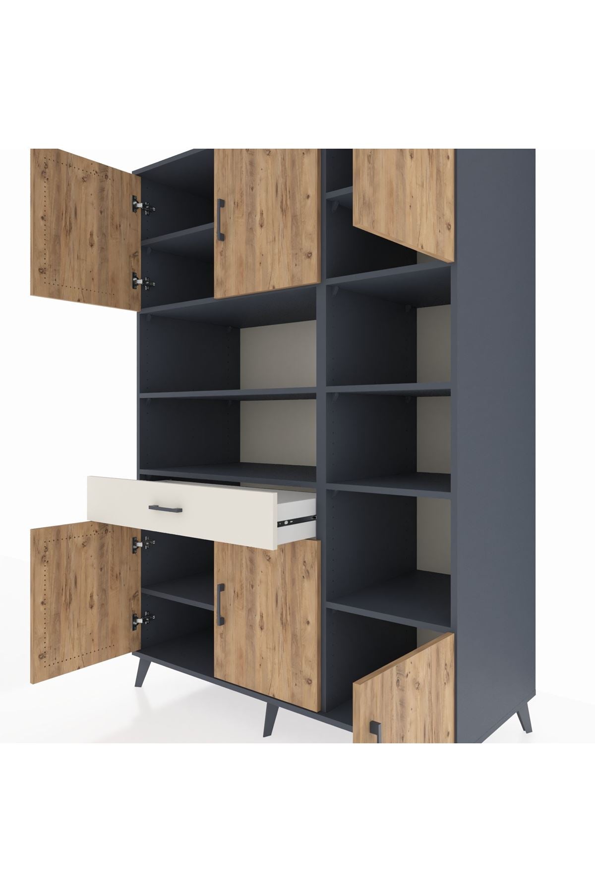 Kronos Dolap 10 Raflı Tek Çekmeceli 6 Kapaklı 132x59x195 Antrasit-Çam/Aytaşı