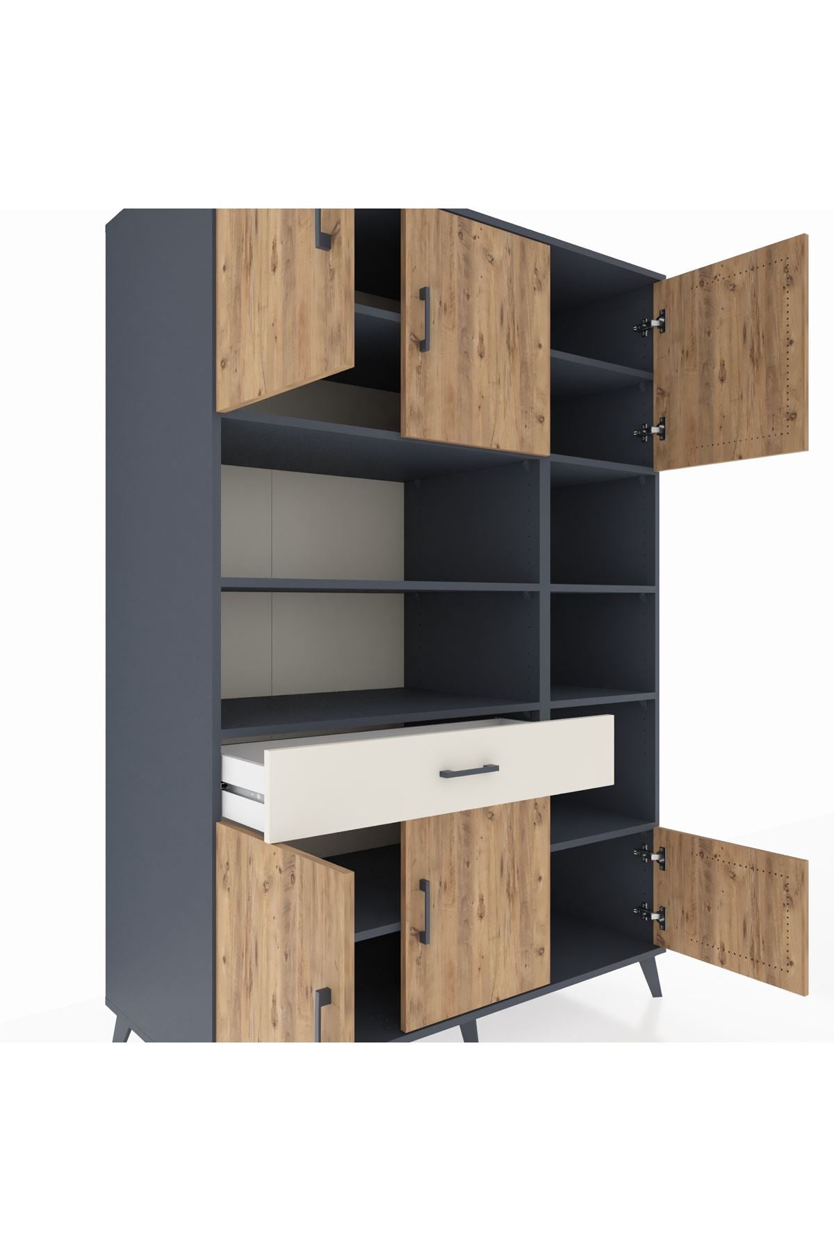 Kronos Dolap 10 Raflı Tek Çekmeceli 6 Kapaklı 132x59x195 Antrasit-Çam/Aytaşı