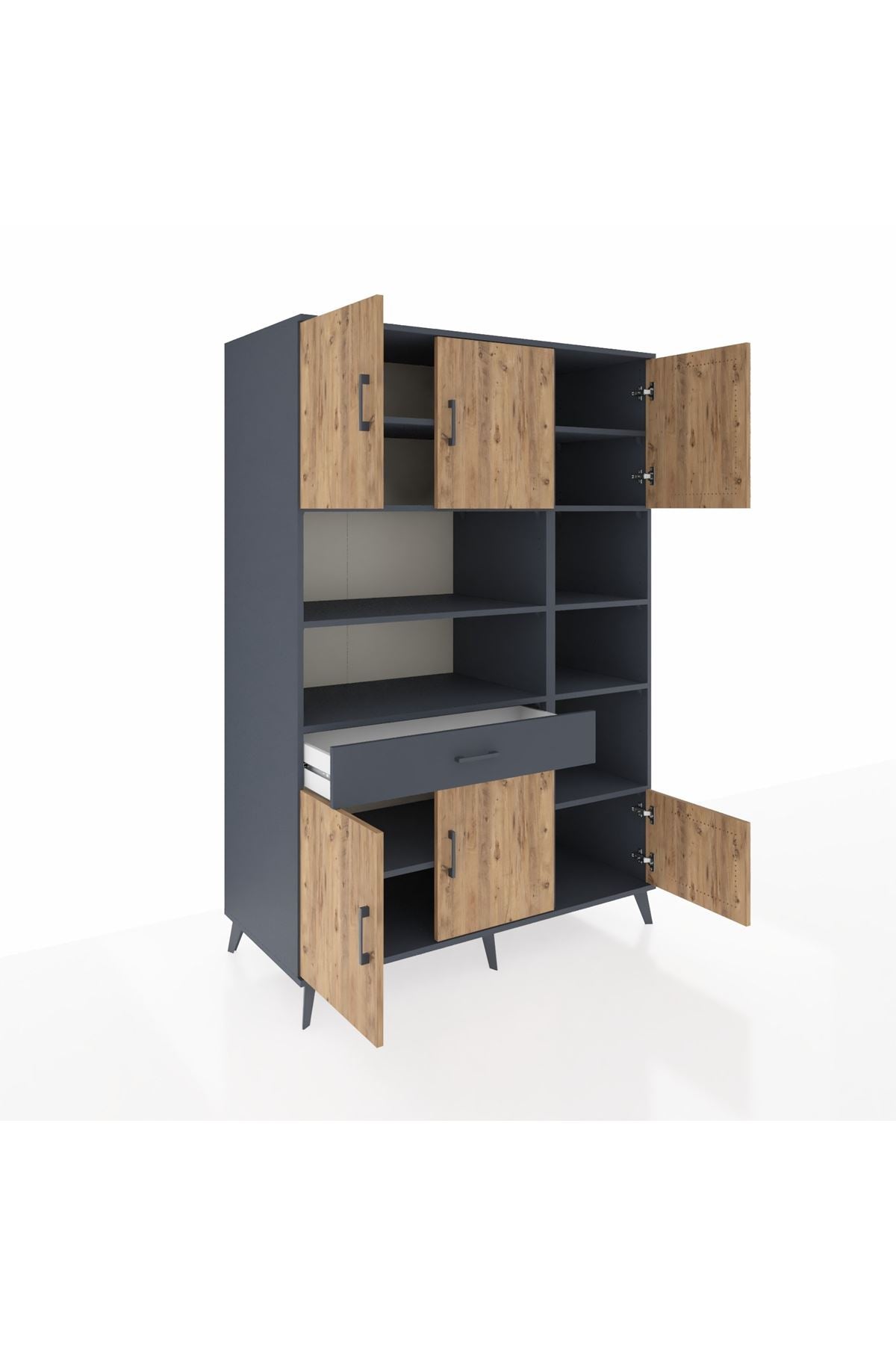 Kronos Dolap 10 Raflı Tek Çekmeceli 6 Kapaklı 132x59x195 Antrasit-Çam/Antrasit