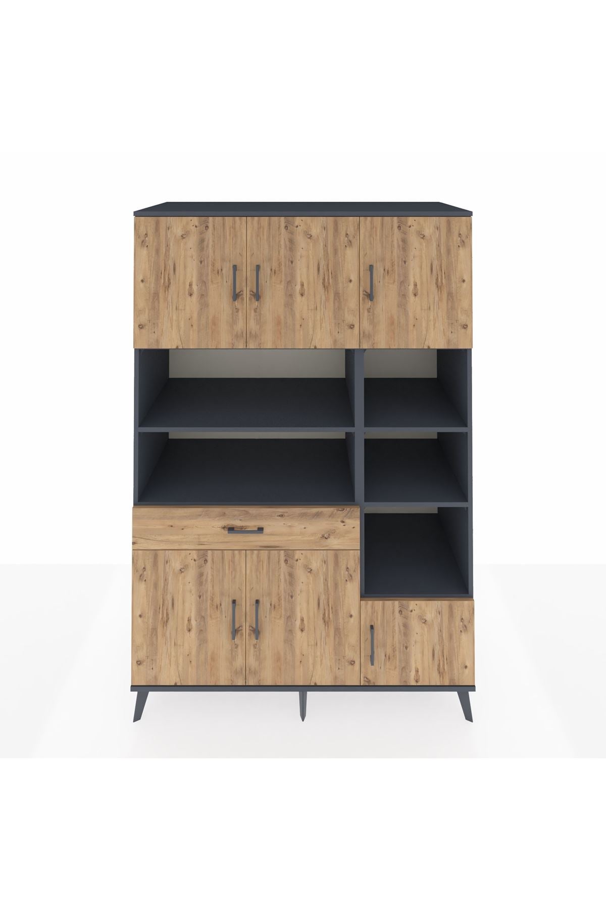 Kronos Dolap 10 Raflı Tek Çekmeceli 6 Kapaklı 132x59x195 Antrasit-Çam/Çam