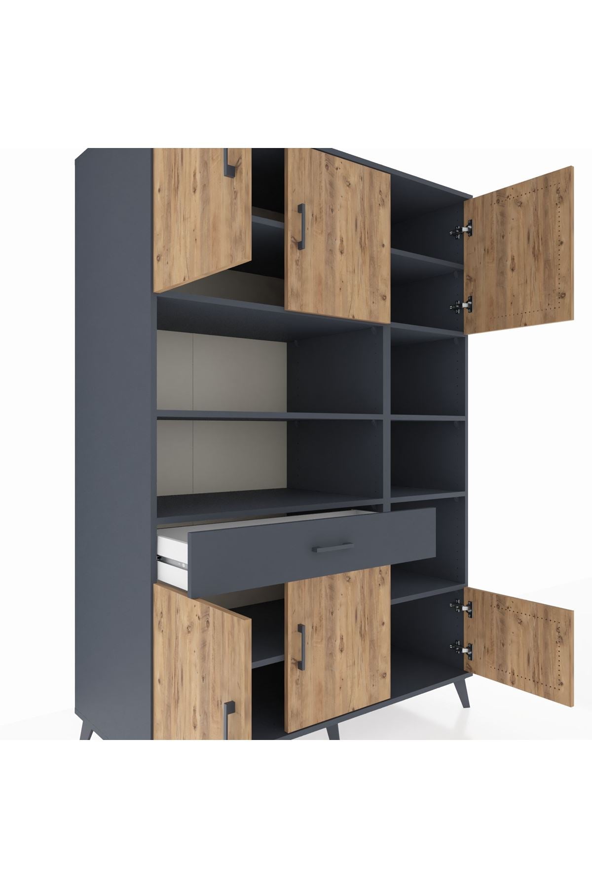 Kronos Dolap 10 Raflı Tek Çekmeceli 6 Kapaklı 132x59x195 Antrasit-Çam/Antrasit