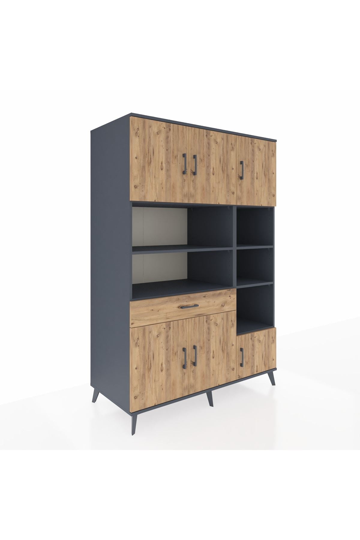 Kronos Dolap 10 Raflı Tek Çekmeceli 6 Kapaklı 132x59x195 Antrasit-Çam/Çam