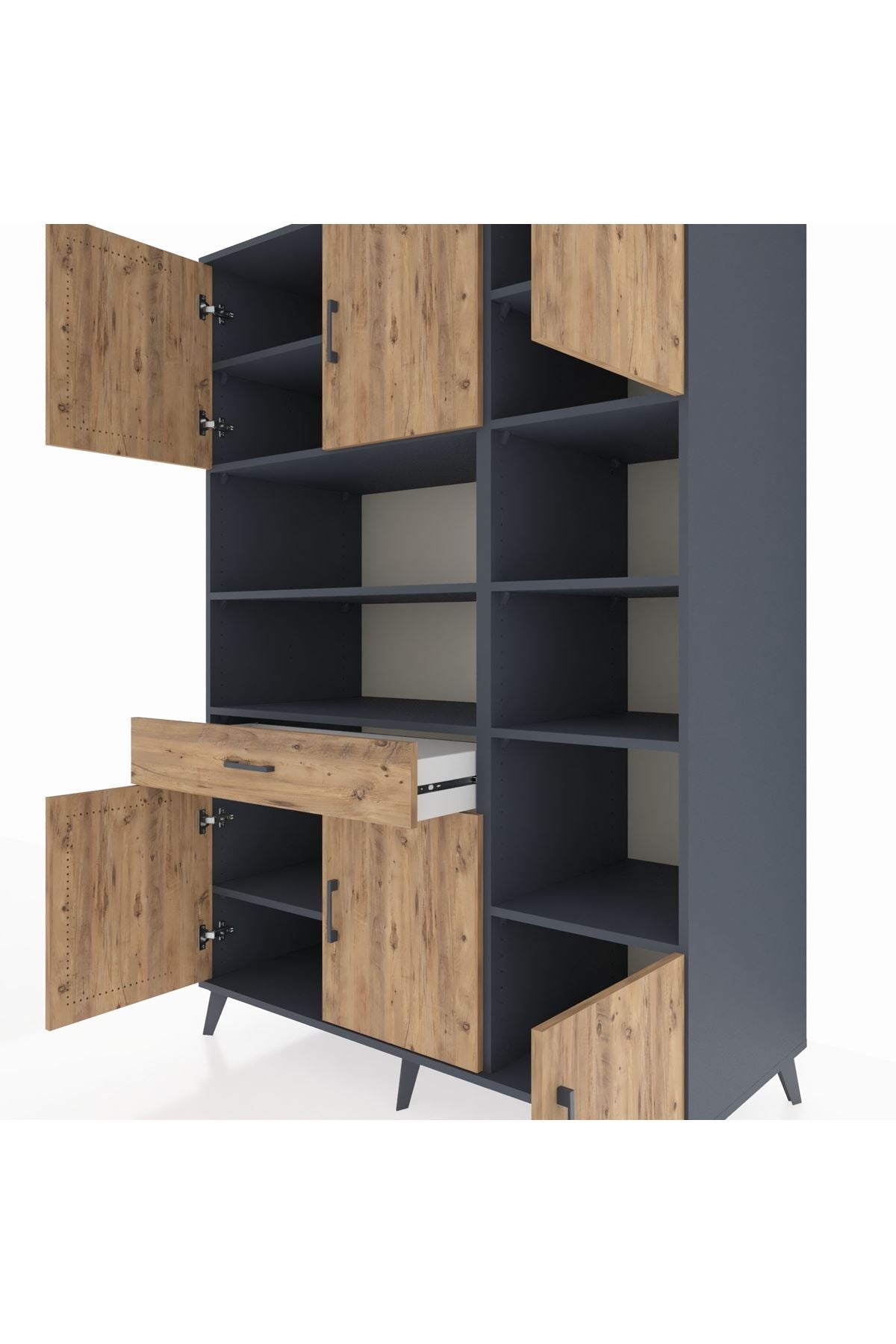 Kronos Dolap 10 Raflı Tek Çekmeceli 6 Kapaklı 132x59x195 Antrasit-Çam/Çam