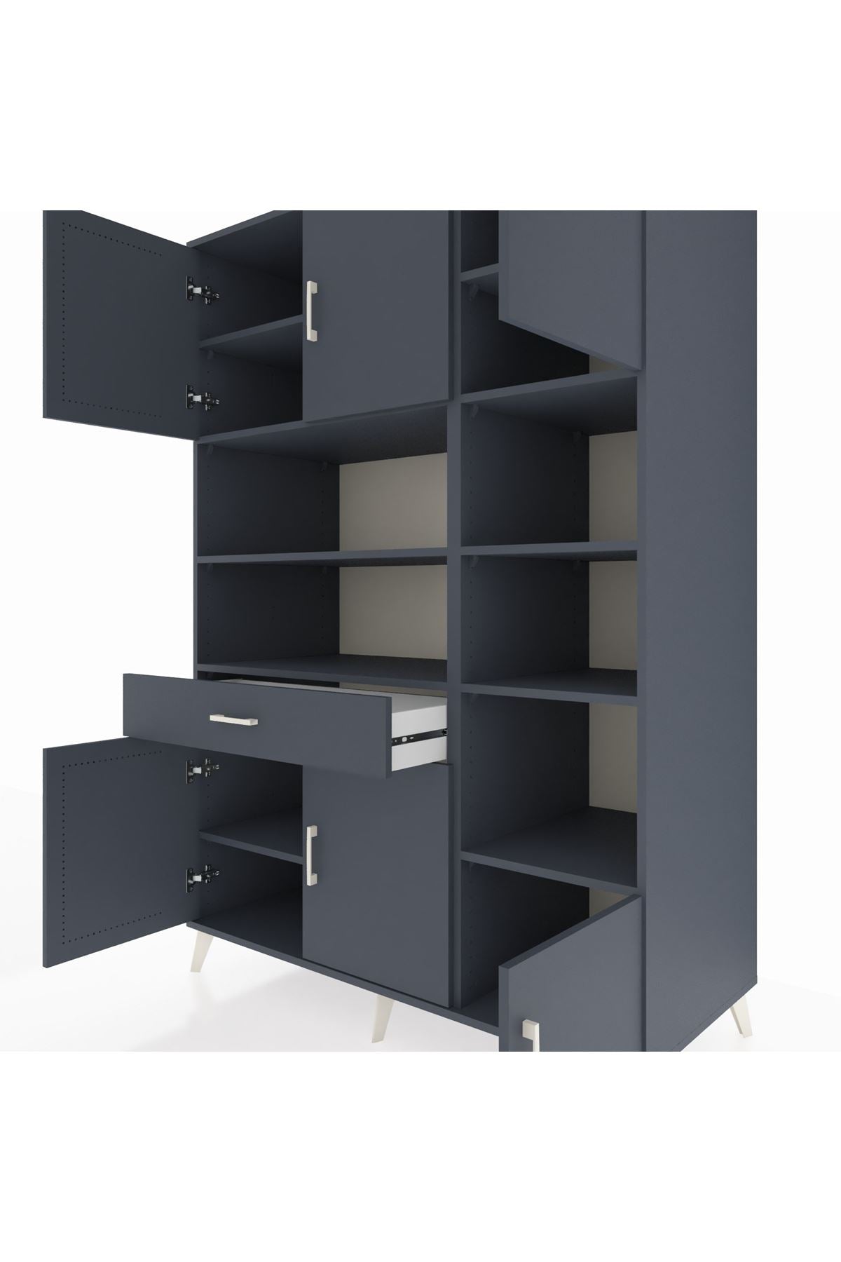 Kronos Dolap 10 Raflı Tek Çekmeceli 6 Kapaklı 132x59x195 Antrasit-Antrasit/Antrasit