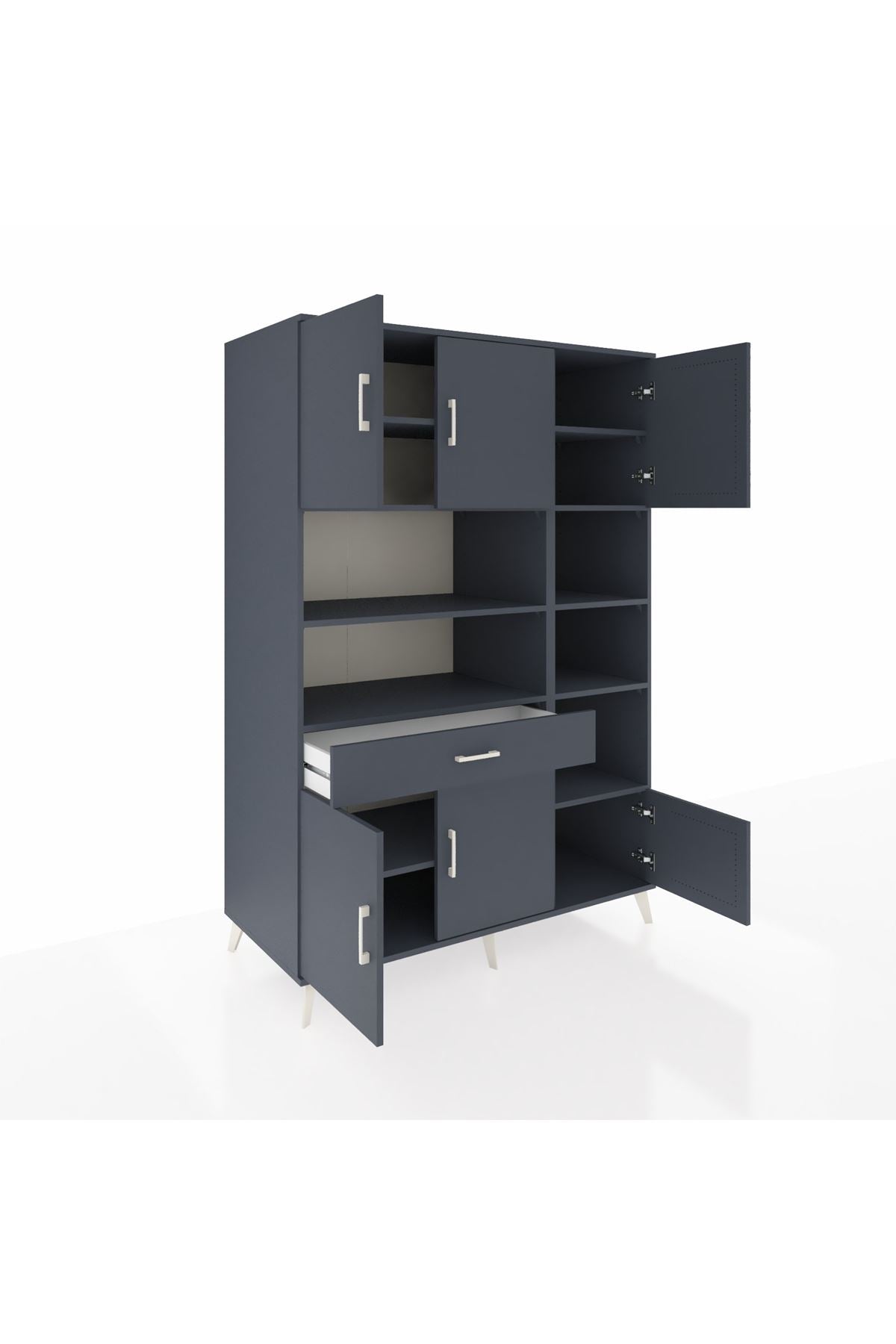 Kronos Dolap 10 Raflı Tek Çekmeceli 6 Kapaklı 132x59x195 Antrasit-Antrasit/Antrasit