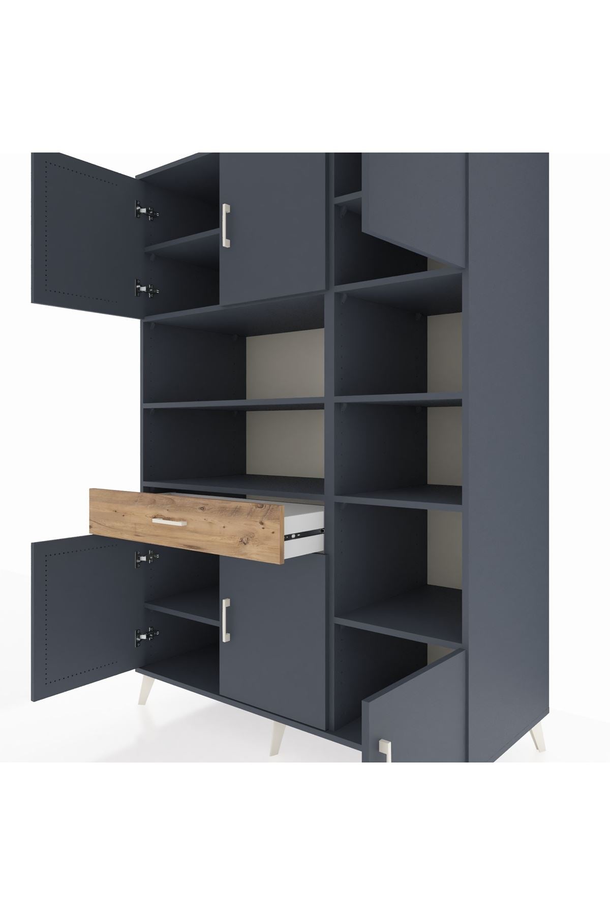 Kronos Dolap 10 Raflı Tek Çekmeceli 6 Kapaklı 132x59x195 Antrasit-Antrasit/Çam