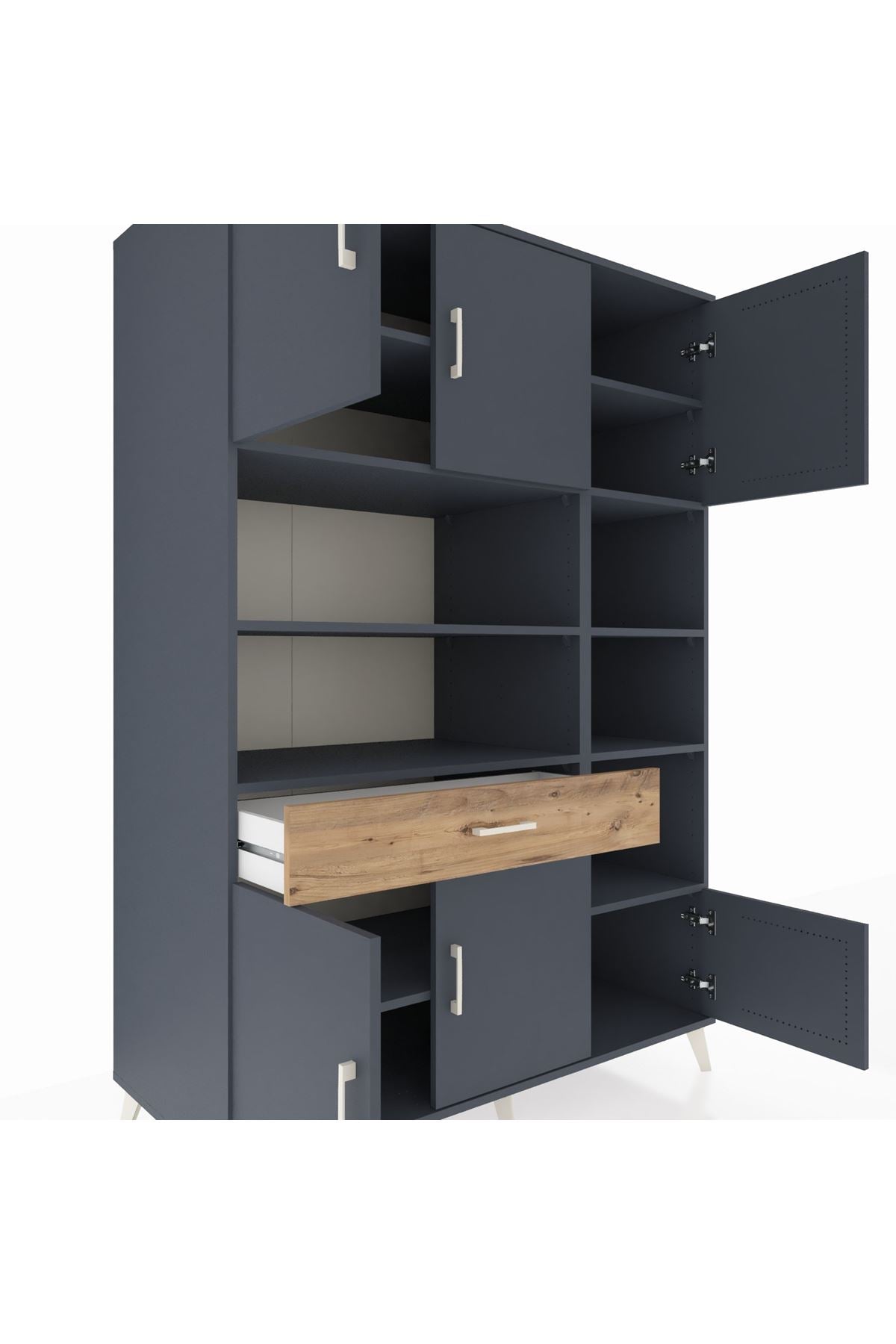 Kronos Dolap 10 Raflı Tek Çekmeceli 6 Kapaklı 132x59x195 Antrasit-Antrasit/Çam