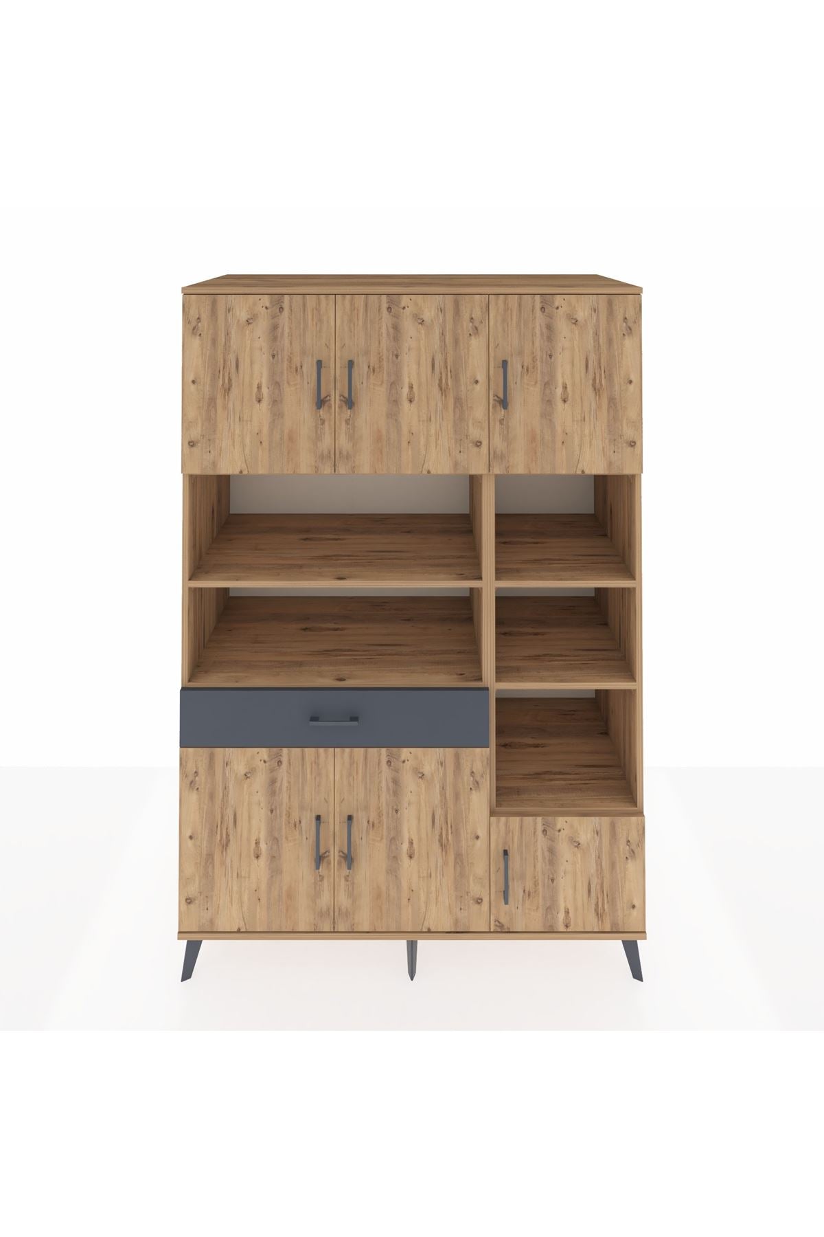 Kronos Dolap 10 Raflı Tek Çekmeceli 6 Kapaklı 132x59x195 Çam-Çam/Antrasit