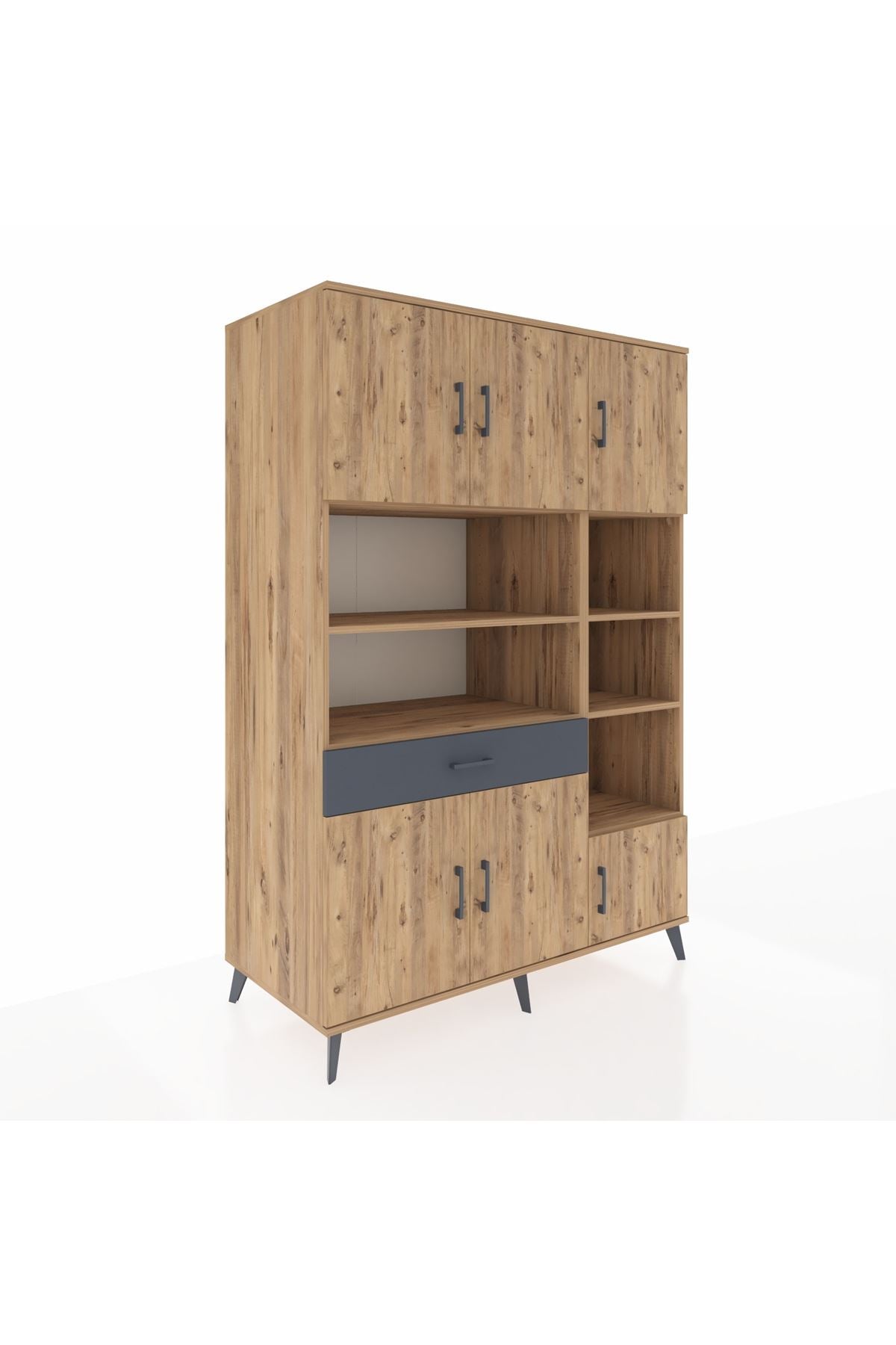 Kronos Dolap 10 Raflı Tek Çekmeceli 6 Kapaklı 132x59x195 Çam-Çam/Antrasit