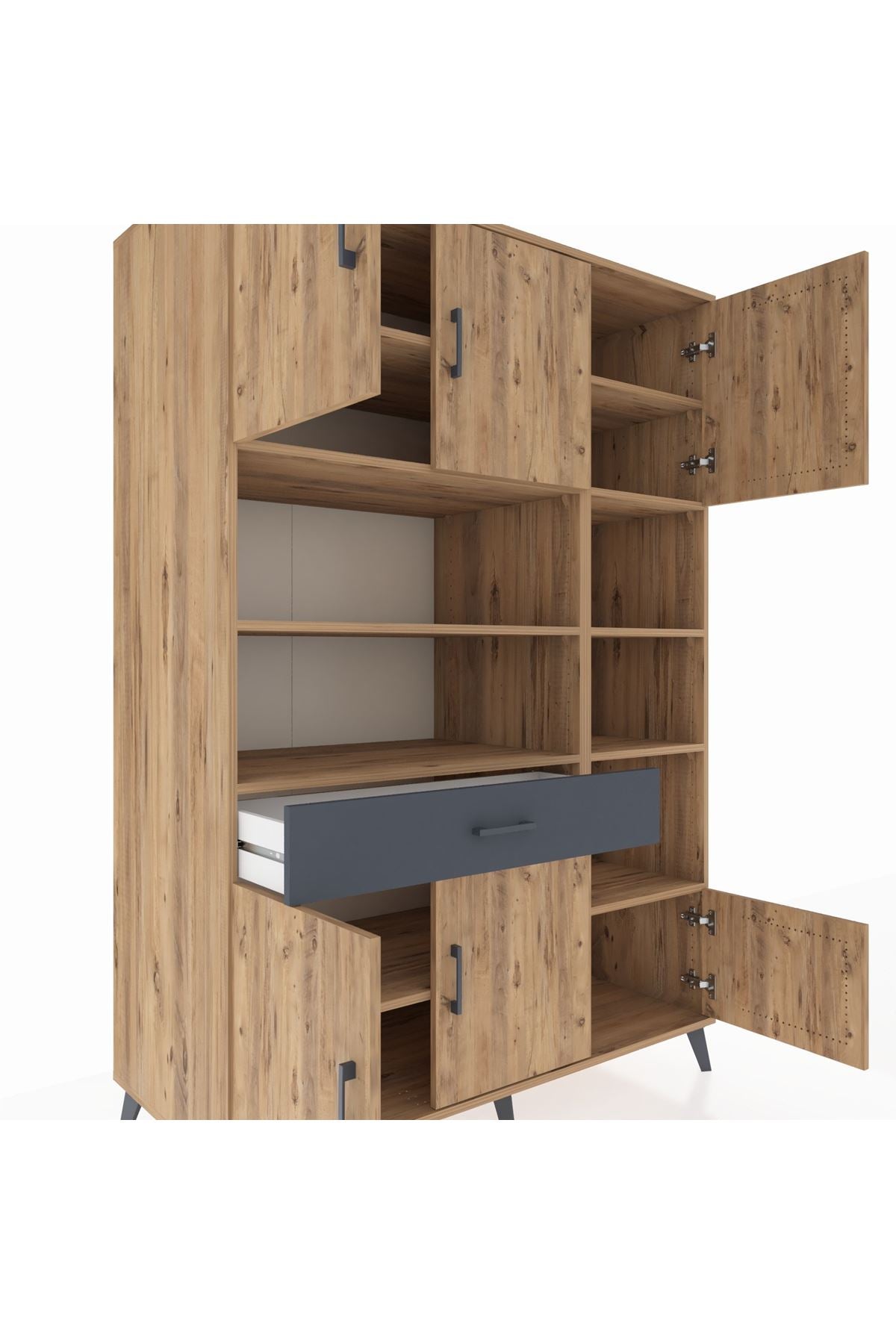 Kronos Dolap 10 Raflı Tek Çekmeceli 6 Kapaklı 132x59x195 Çam-Çam/Antrasit