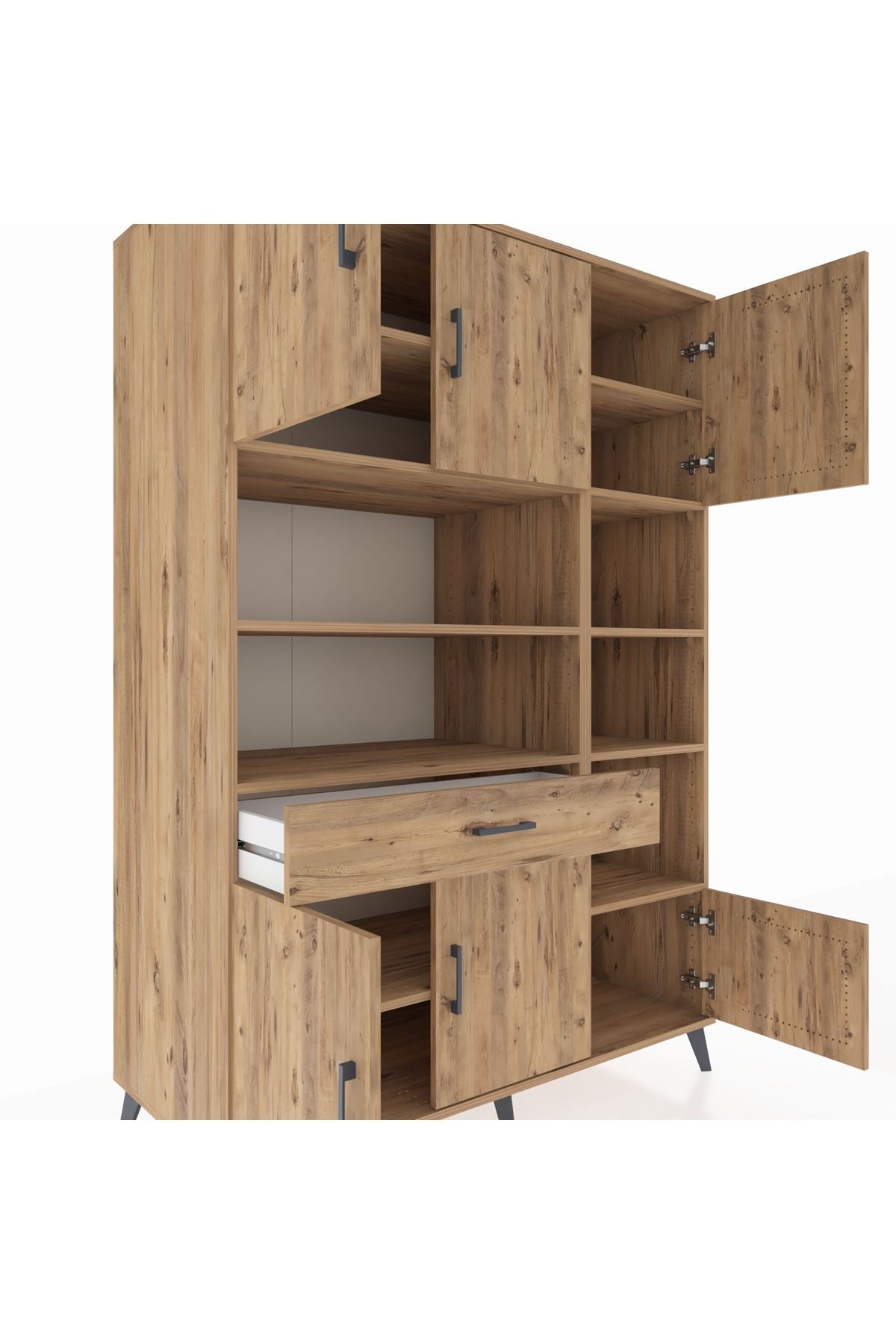 Kronos Dolap 10 Raflı Tek Çekmeceli 6 Kapaklı 132x59x195 Çam-Çam/Çam