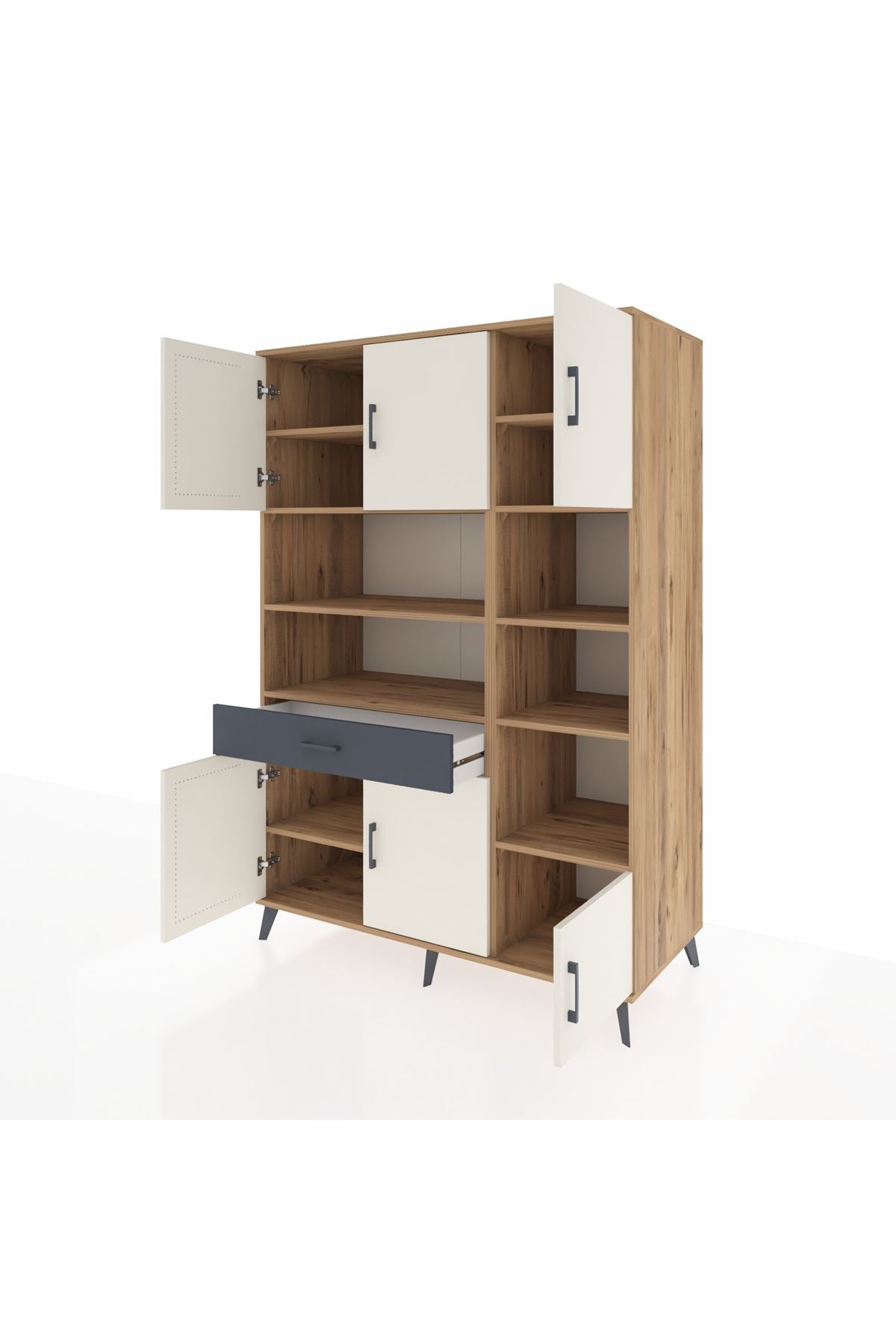 Kronos Dolap 10 Raflı Tek Çekmeceli 6 Kapaklı 132x59x195 Çam-Aytaşı/Antrasit