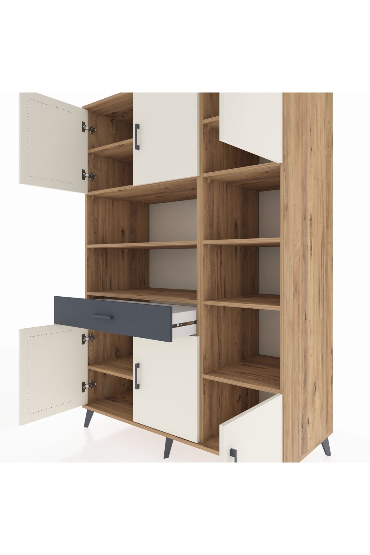 Kronos Dolap 10 Raflı Tek Çekmeceli 6 Kapaklı 132x59x195 Çam-Aytaşı/Antrasit