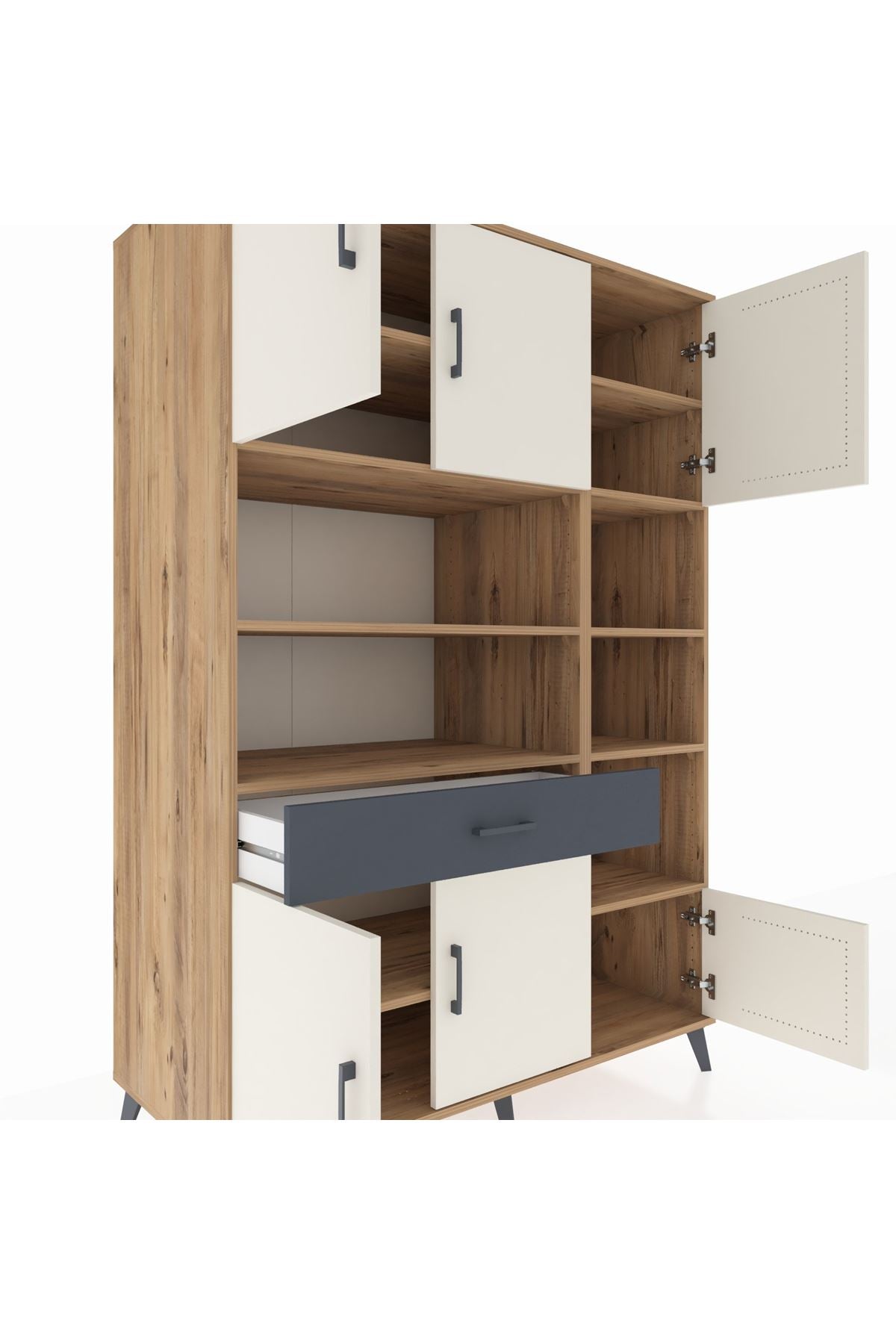 Kronos Dolap 10 Raflı Tek Çekmeceli 6 Kapaklı 132x59x195 Çam-Aytaşı/Antrasit