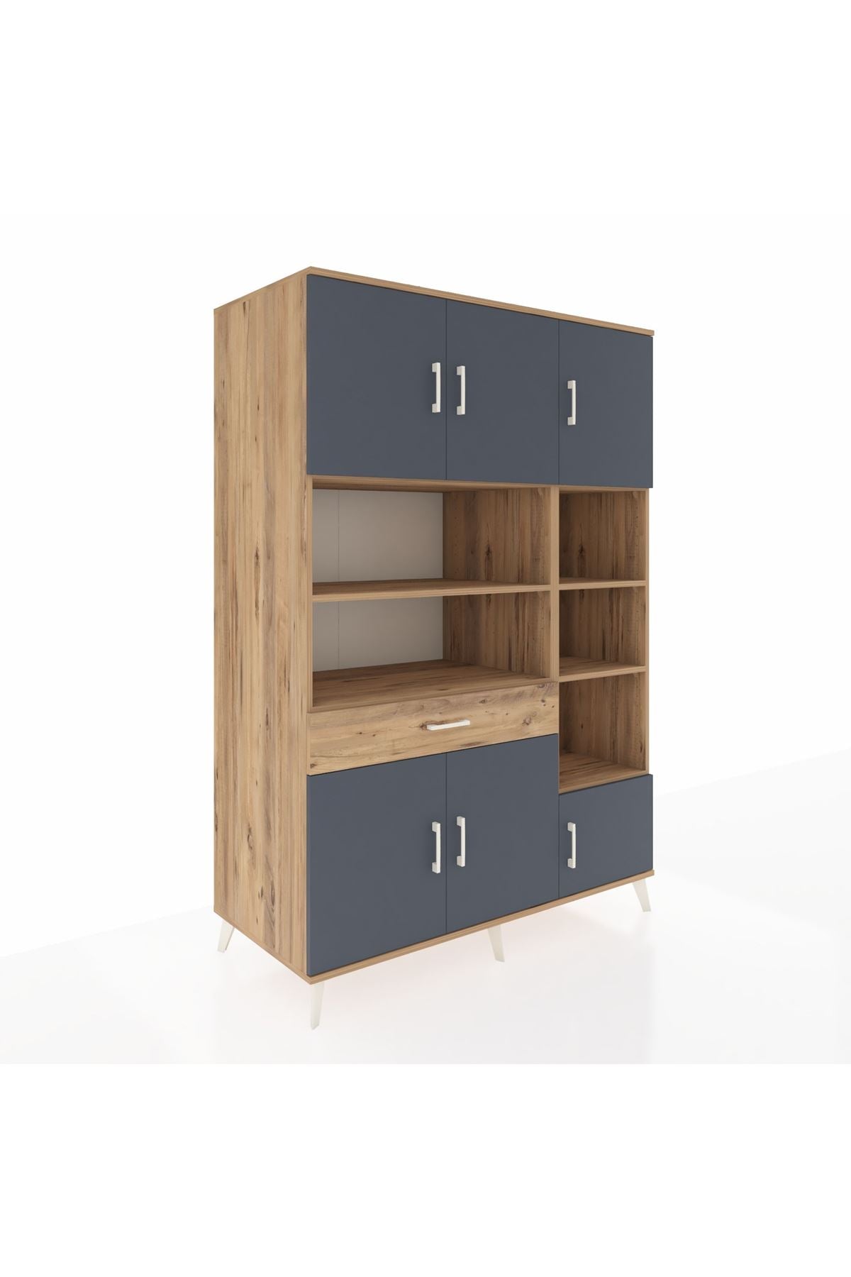 Kronos Dolap 10 Raflı Tek Çekmeceli 6 Kapaklı 132x59x195 Çam-Antrasit/Çam