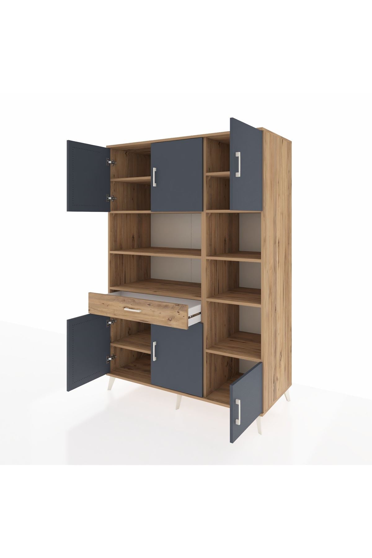 Kronos Dolap 10 Raflı Tek Çekmeceli 6 Kapaklı 132x59x195 Çam-Antrasit/Çam