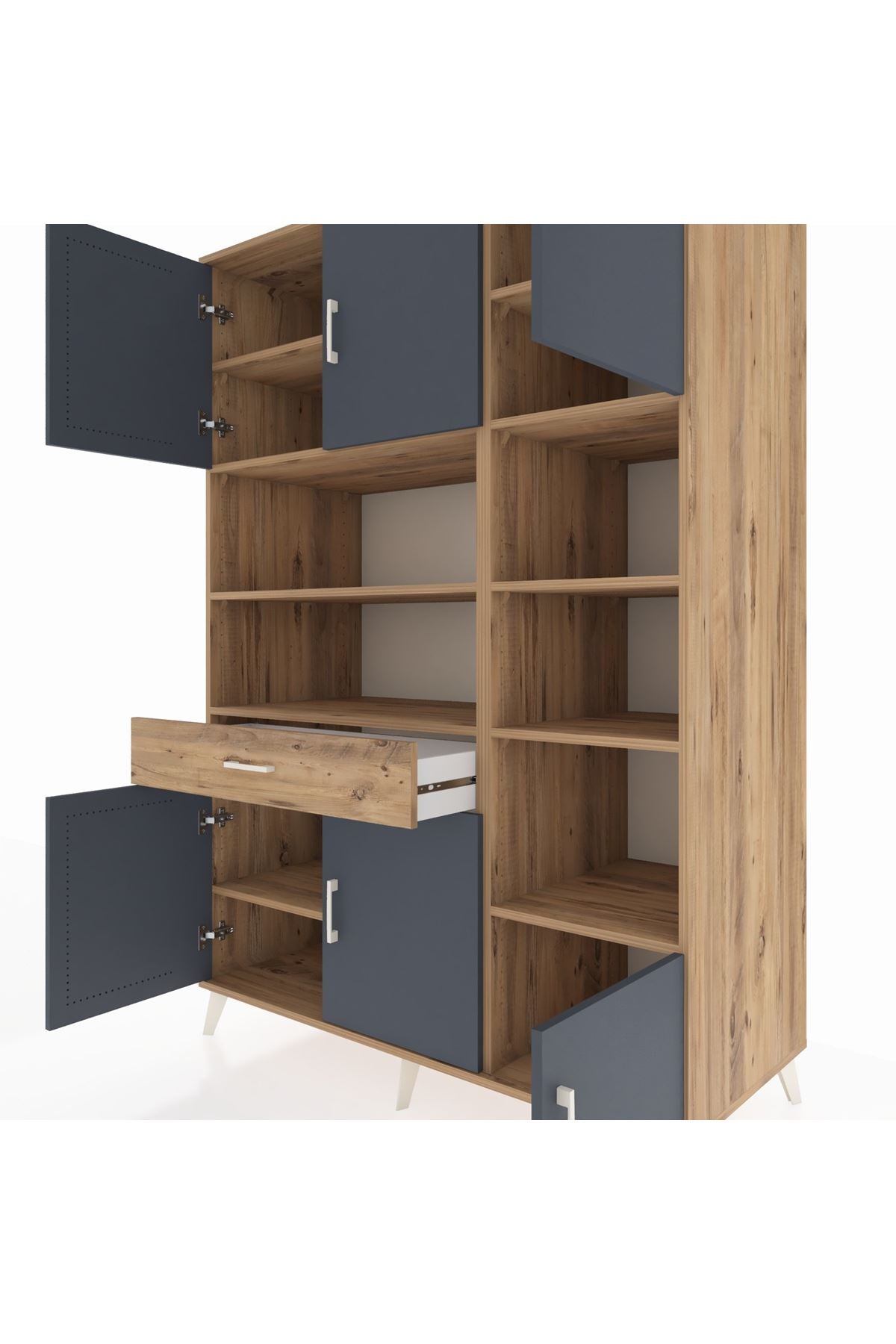 Kronos Dolap 10 Raflı Tek Çekmeceli 6 Kapaklı 132x59x195 Çam-Antrasit/Çam