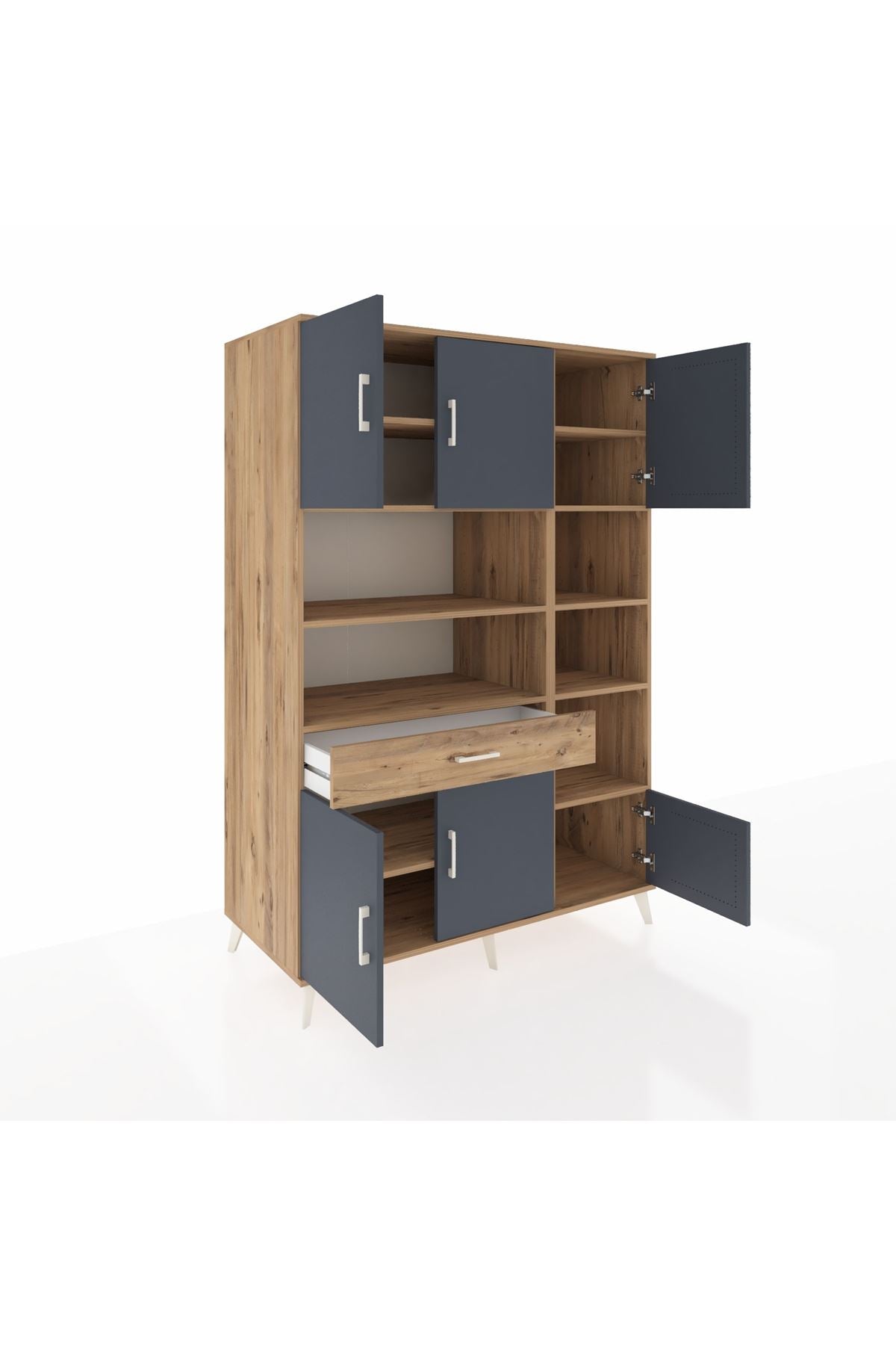 Kronos Dolap 10 Raflı Tek Çekmeceli 6 Kapaklı 132x59x195 Çam-Antrasit/Çam