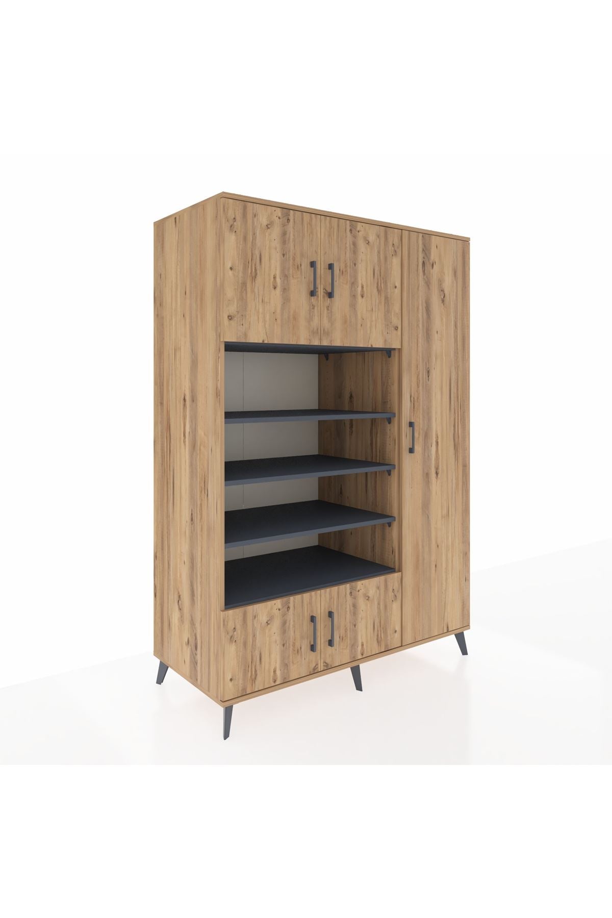 Kronos Dolap 11 Raflı 5 Kapaklı 132x59x195 Çam-Çam/Antrasit