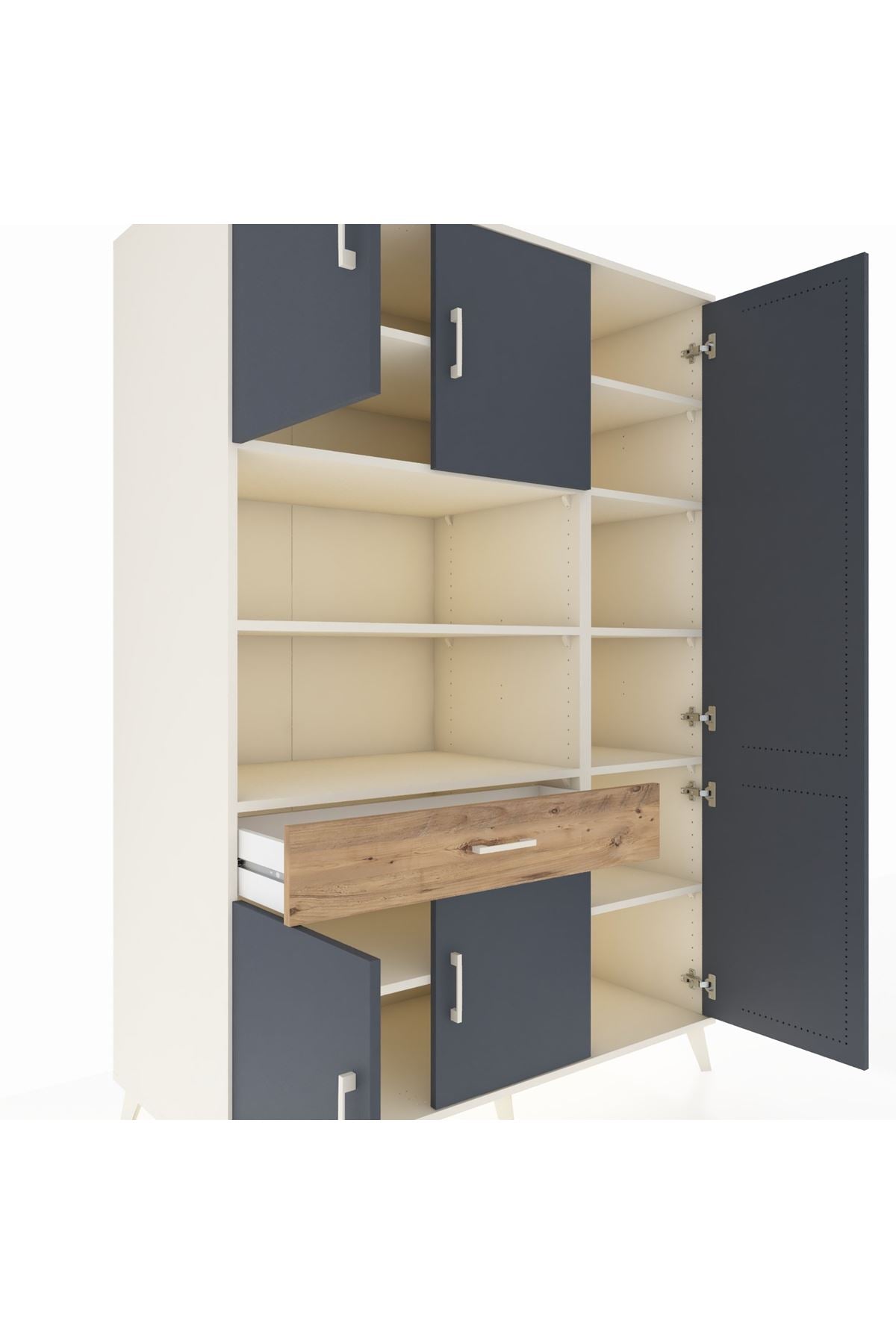 Kronos Dolap 10 Raflı Tek Çekmeceli 6 Kapaklı 132x59x195 Aytaşı-Antrasit/Çam