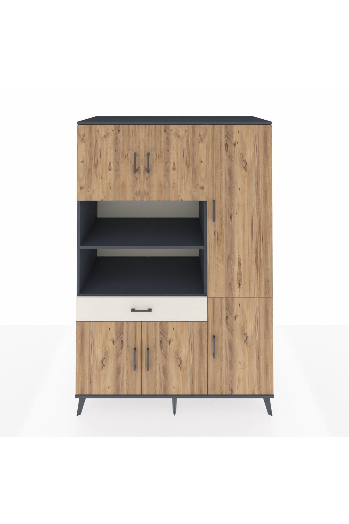 Kronos Dolap 10 Raflı Tek Çekmeceli 6 Kapaklı 132x59x195 Antrasit-Çam/Aytaşı