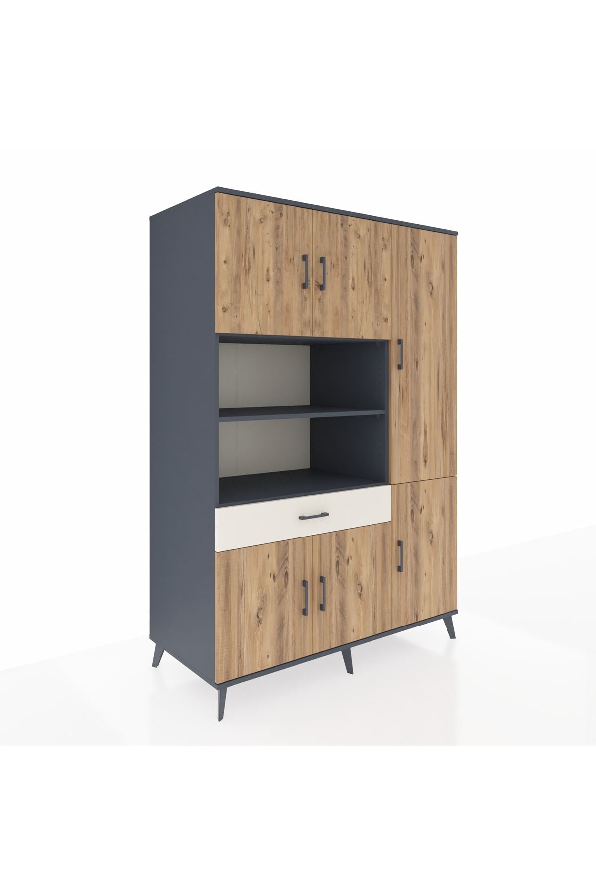 Kronos Dolap 10 Raflı Tek Çekmeceli 6 Kapaklı 132x59x195 Antrasit-Çam/Aytaşı