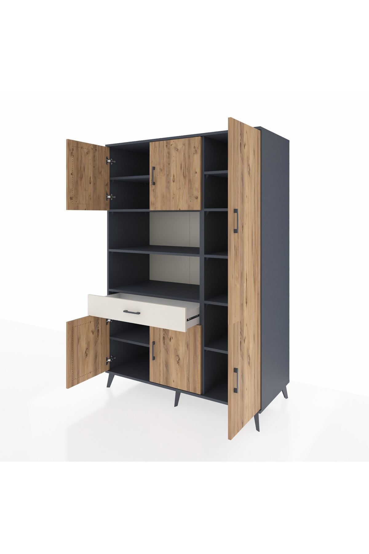 Kronos Dolap 10 Raflı Tek Çekmeceli 6 Kapaklı 132x59x195 Antrasit-Çam/Aytaşı