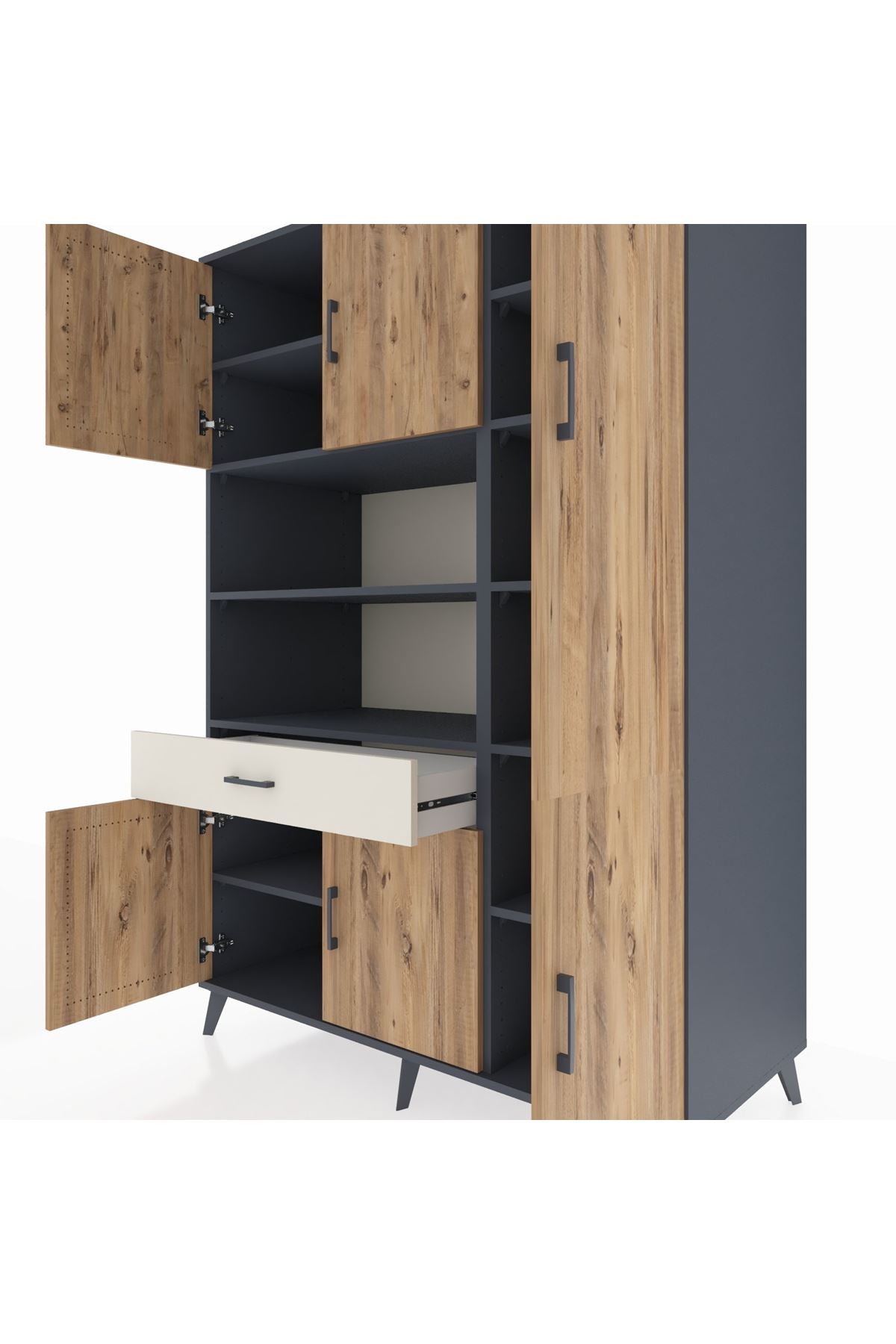 Kronos Dolap 10 Raflı Tek Çekmeceli 6 Kapaklı 132x59x195 Antrasit-Çam/Aytaşı