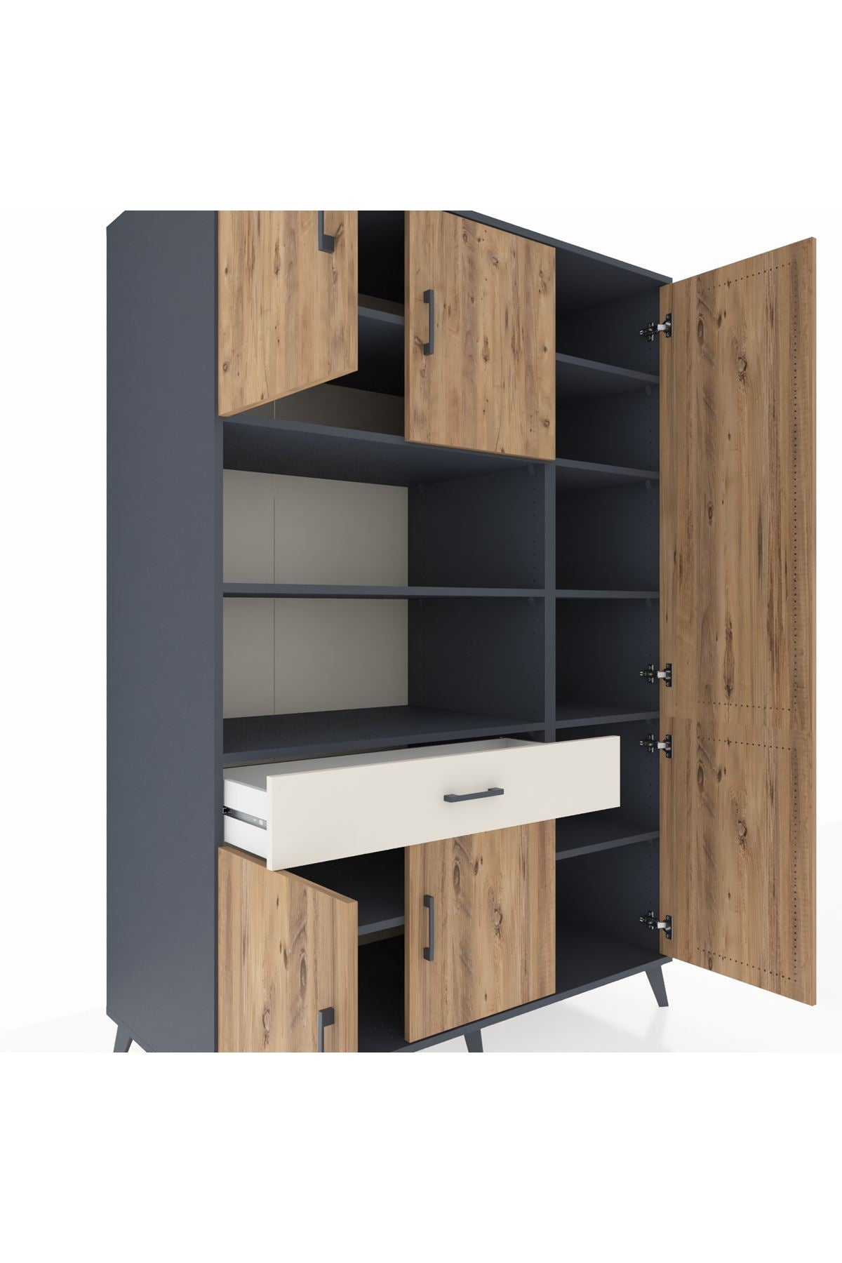 Kronos Dolap 10 Raflı Tek Çekmeceli 6 Kapaklı 132x59x195 Antrasit-Çam/Aytaşı