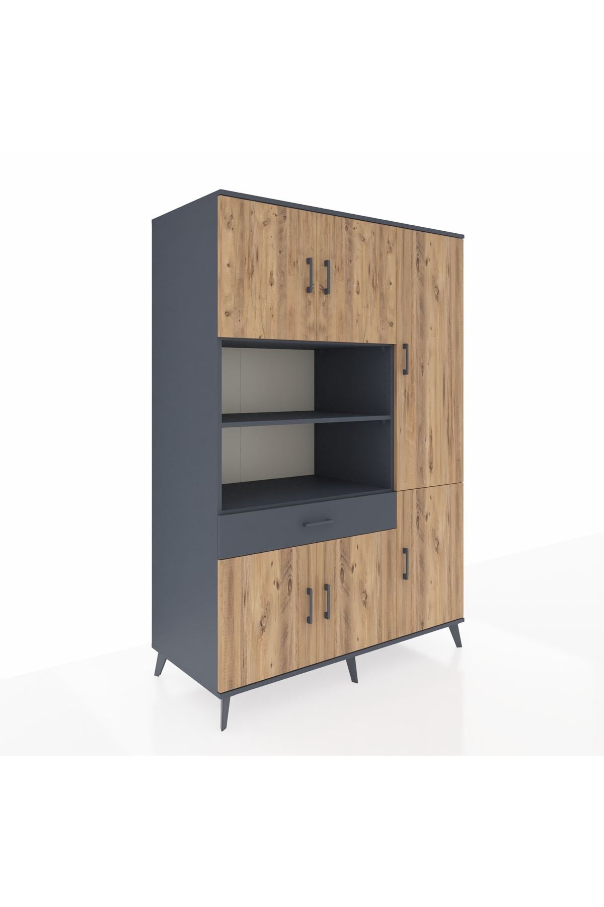 Kronos Dolap 10 Raflı Tek Çekmeceli 6 Kapaklı 132x59x195 Antrasit-Çam/Antrasit