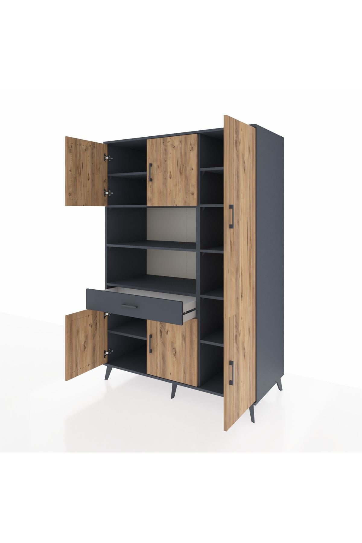 Kronos Dolap 10 Raflı Tek Çekmeceli 6 Kapaklı 132x59x195 Antrasit-Çam/Antrasit