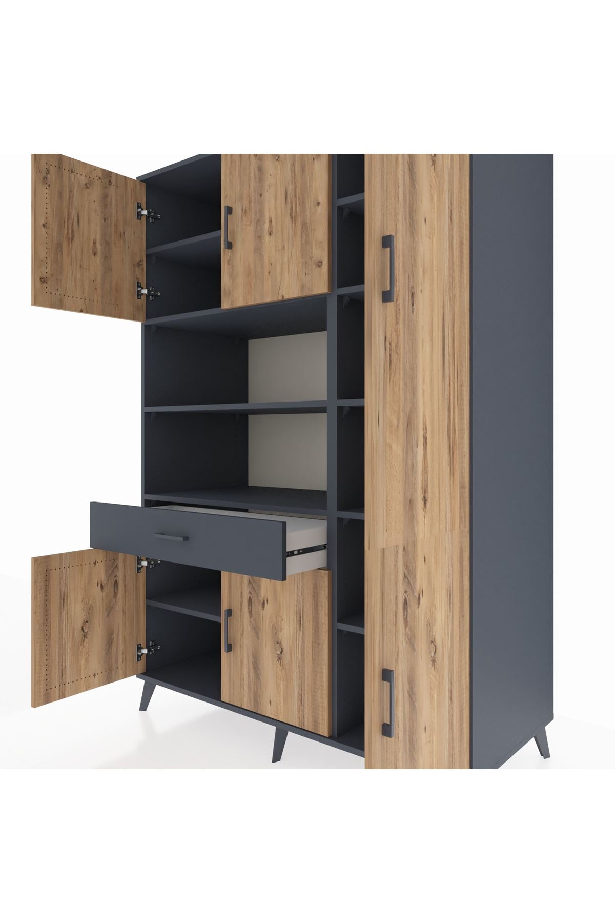 Kronos Dolap 10 Raflı Tek Çekmeceli 6 Kapaklı 132x59x195 Antrasit-Çam/Antrasit