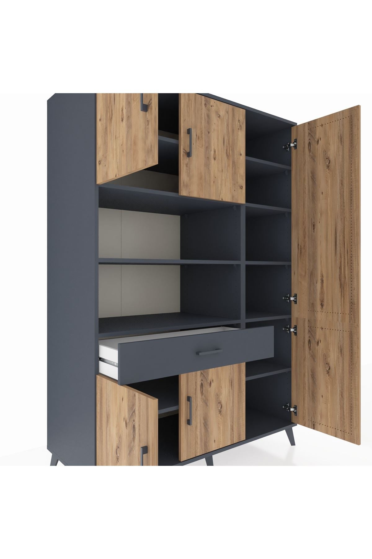 Kronos Dolap 10 Raflı Tek Çekmeceli 6 Kapaklı 132x59x195 Antrasit-Çam/Antrasit