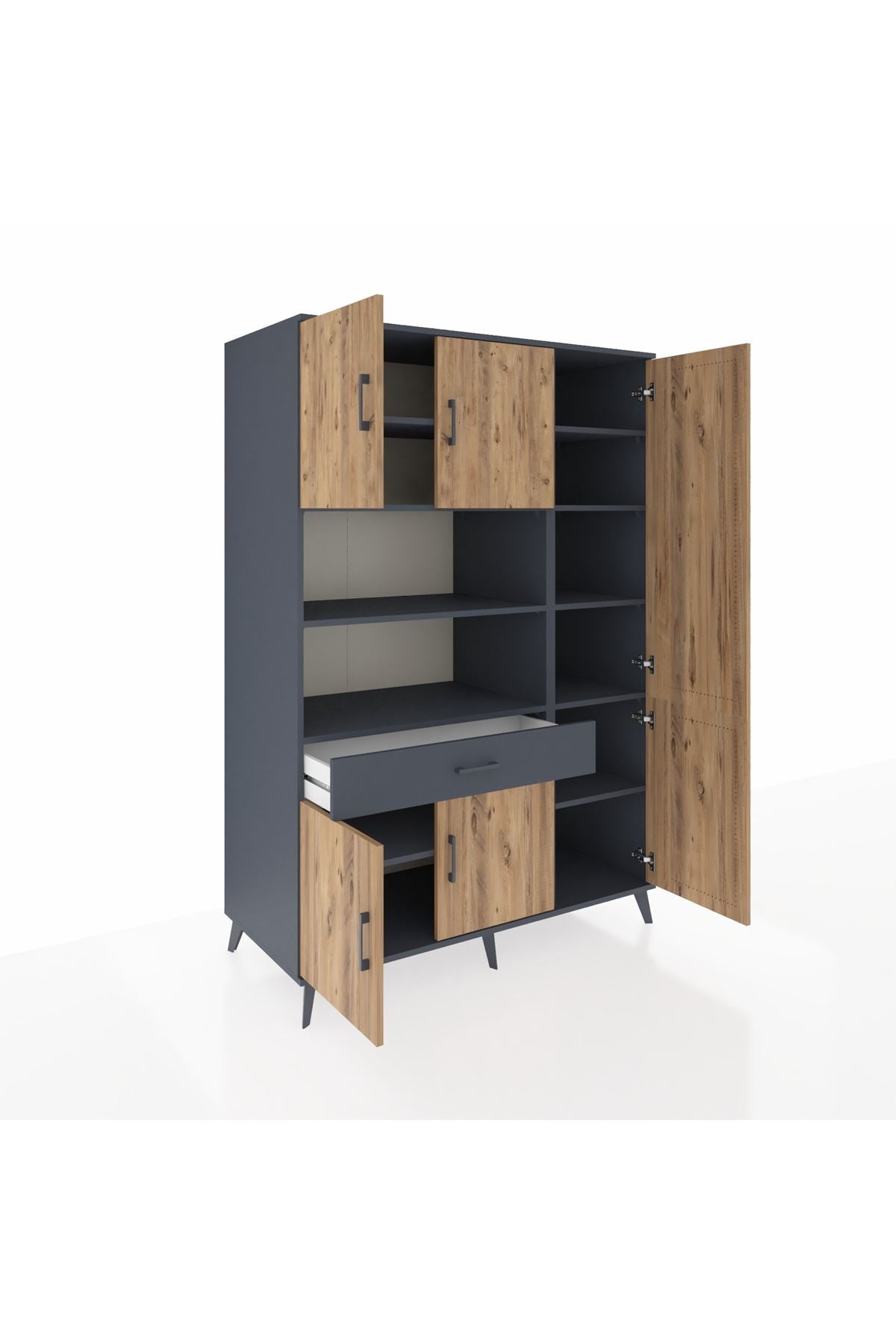 Kronos Dolap 10 Raflı Tek Çekmeceli 6 Kapaklı 132x59x195 Antrasit-Çam/Antrasit