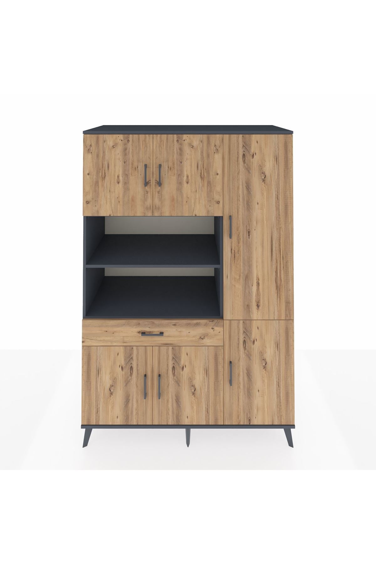 Kronos Dolap 10 Raflı Tek Çekmeceli 6 Kapaklı 132x59x195 Antrasit-Çam/Çam