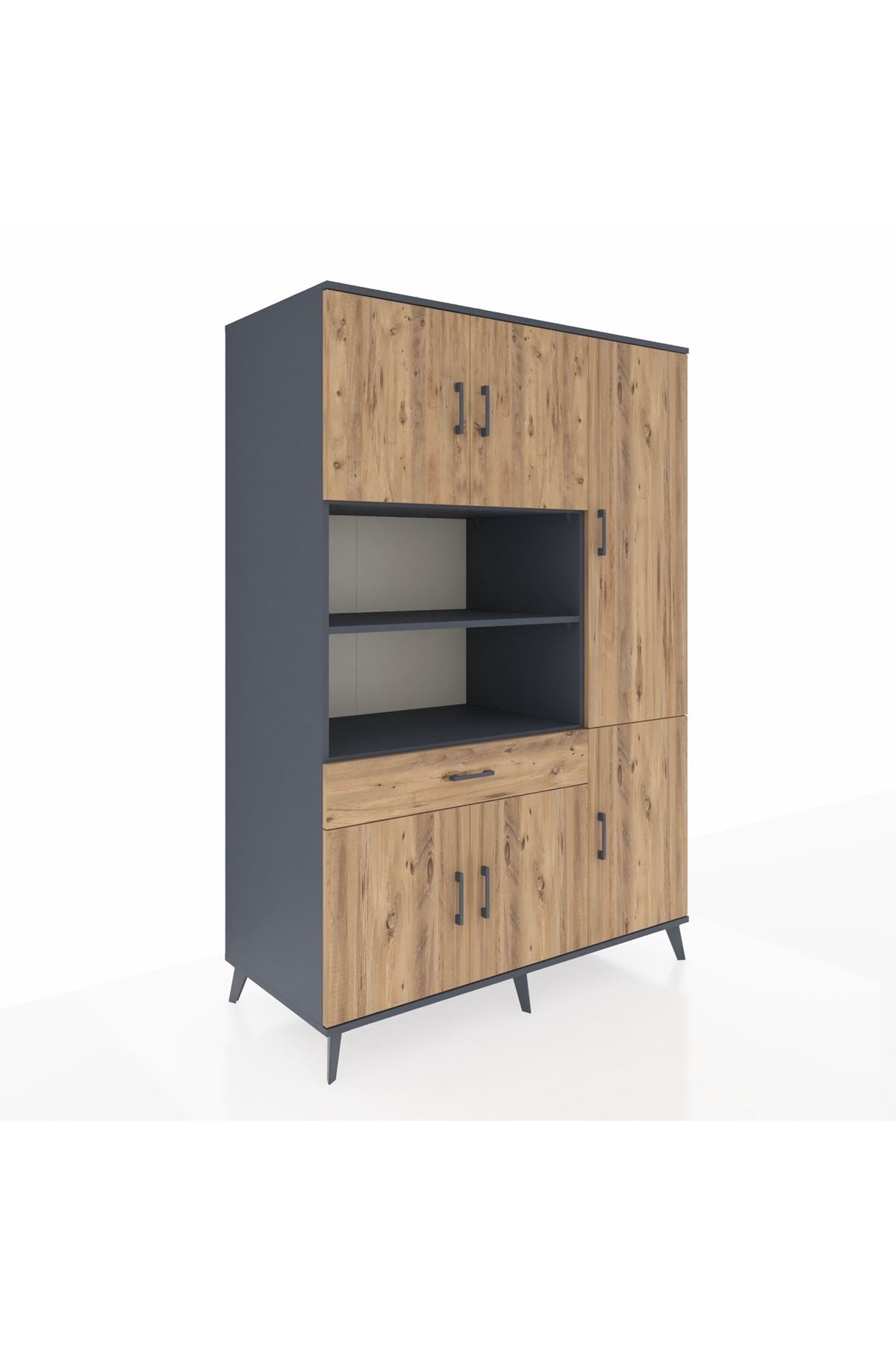 Kronos Dolap 10 Raflı Tek Çekmeceli 6 Kapaklı 132x59x195 Antrasit-Çam/Çam