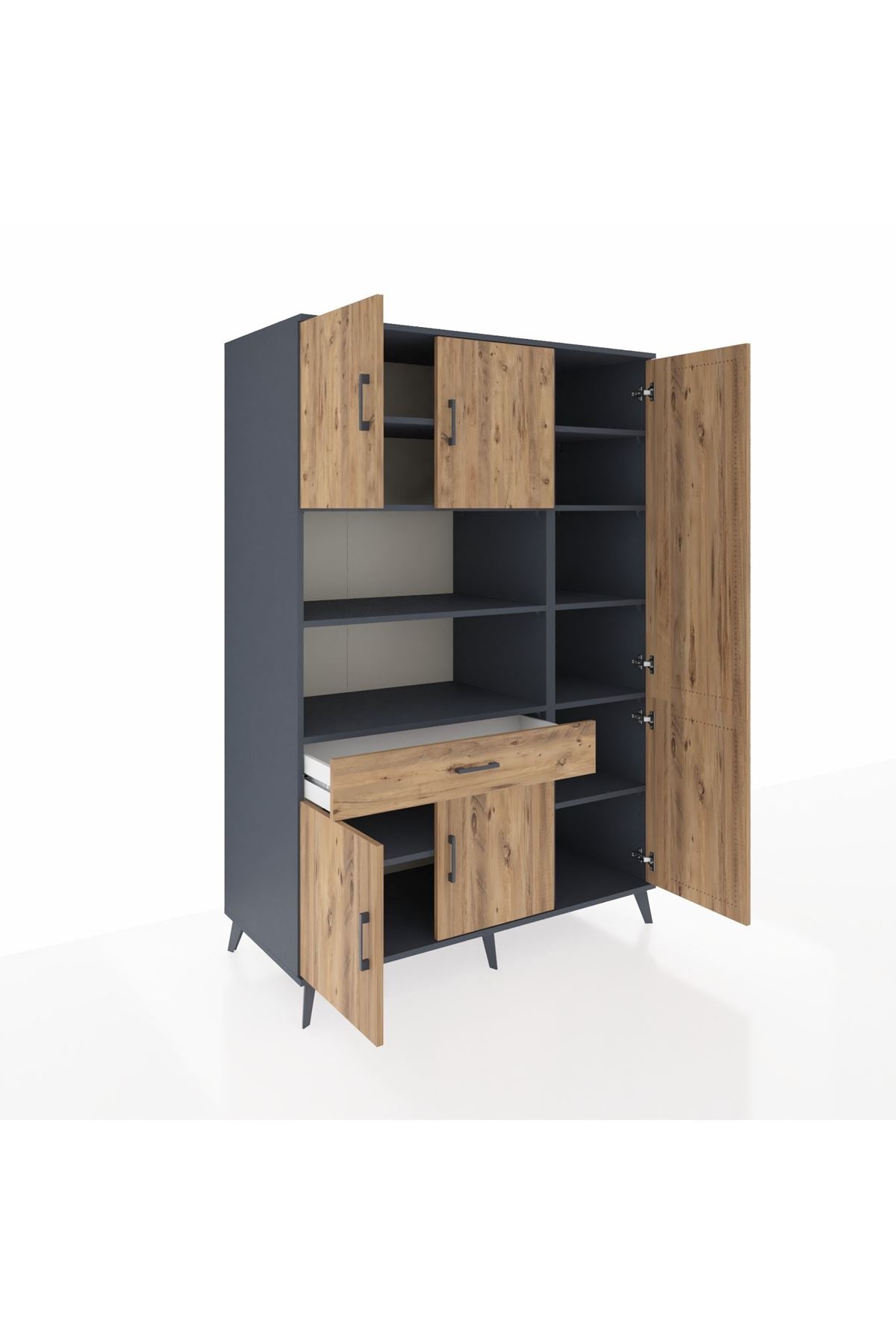 Kronos Dolap 10 Raflı Tek Çekmeceli 6 Kapaklı 132x59x195 Antrasit-Çam/Çam