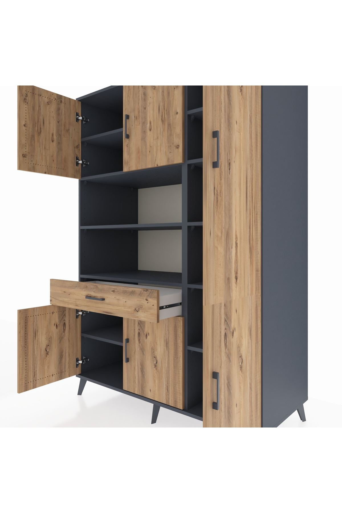 Kronos Dolap 10 Raflı Tek Çekmeceli 6 Kapaklı 132x59x195 Antrasit-Çam/Çam